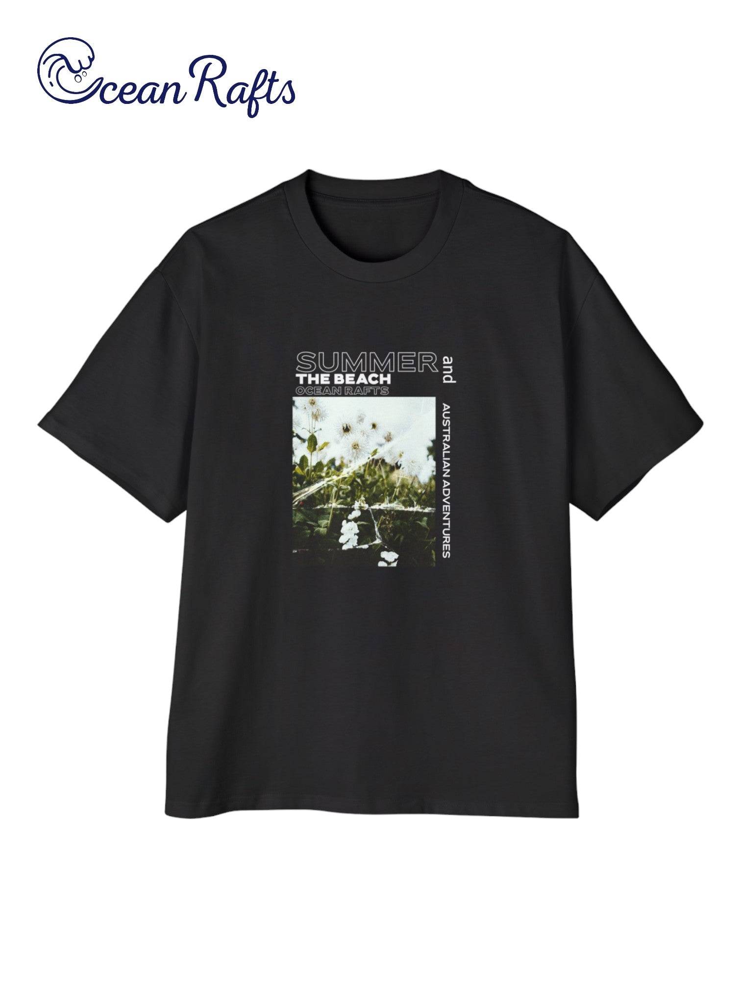 solid black heavy weight shirt with a broken glass graphic of summer flowers with summer and paradise - Australian Adventure text | Ocean Rafts