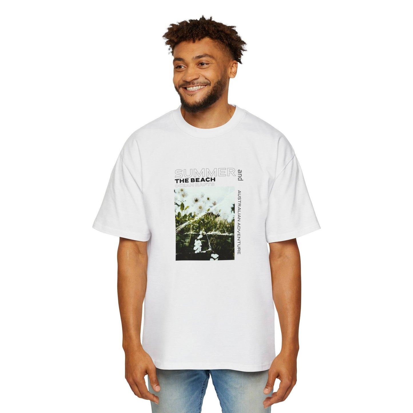 front of man wearing solid white shirt with a broken glass graphic of summer flowers with summer and paradise - Australian Adventure text | Ocean Rafts