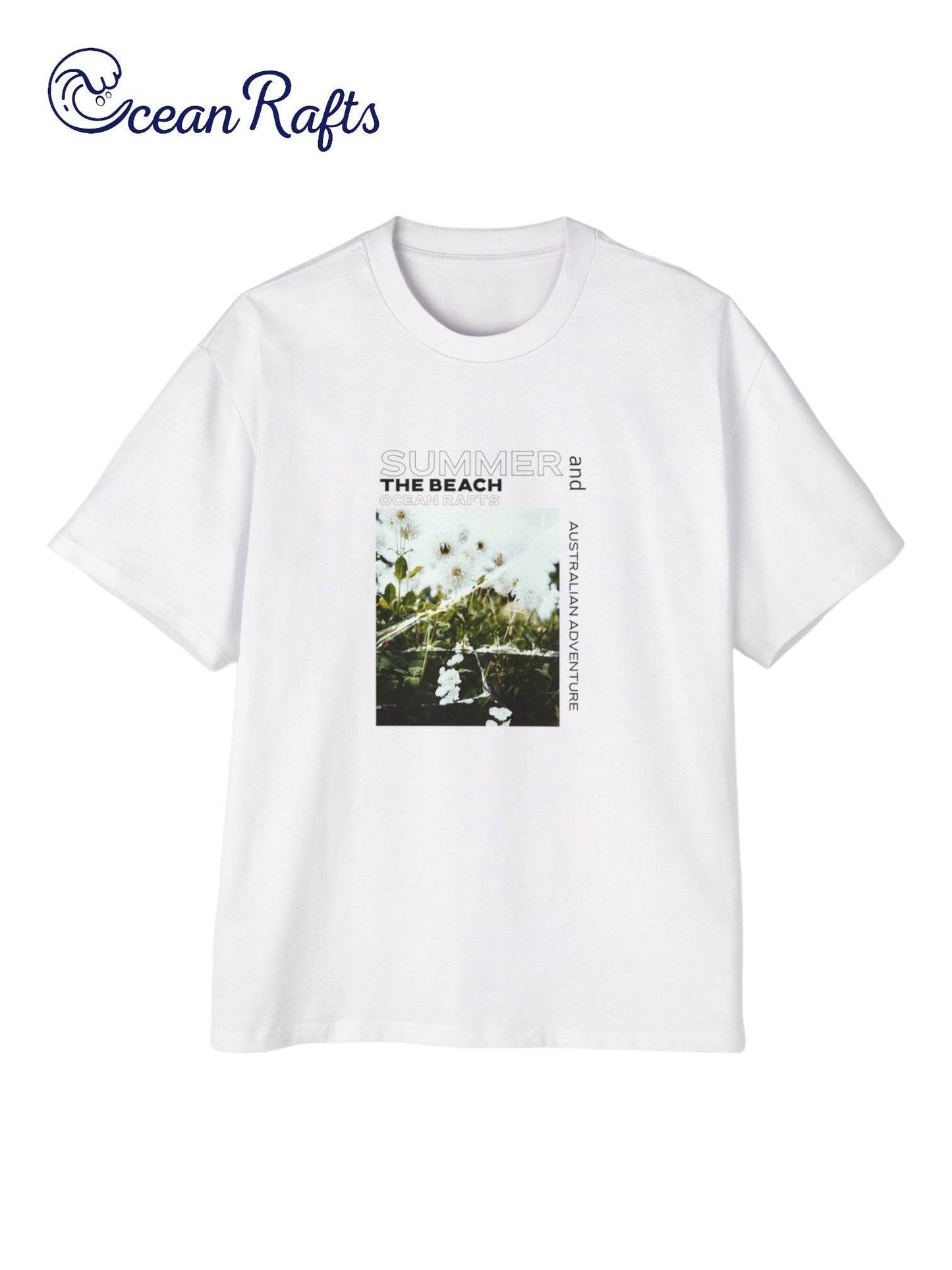 solid white heavy weight shirt with a broken glass graphic of summer flowers with summer and paradise - Australian Adventure text | Ocean Rafts