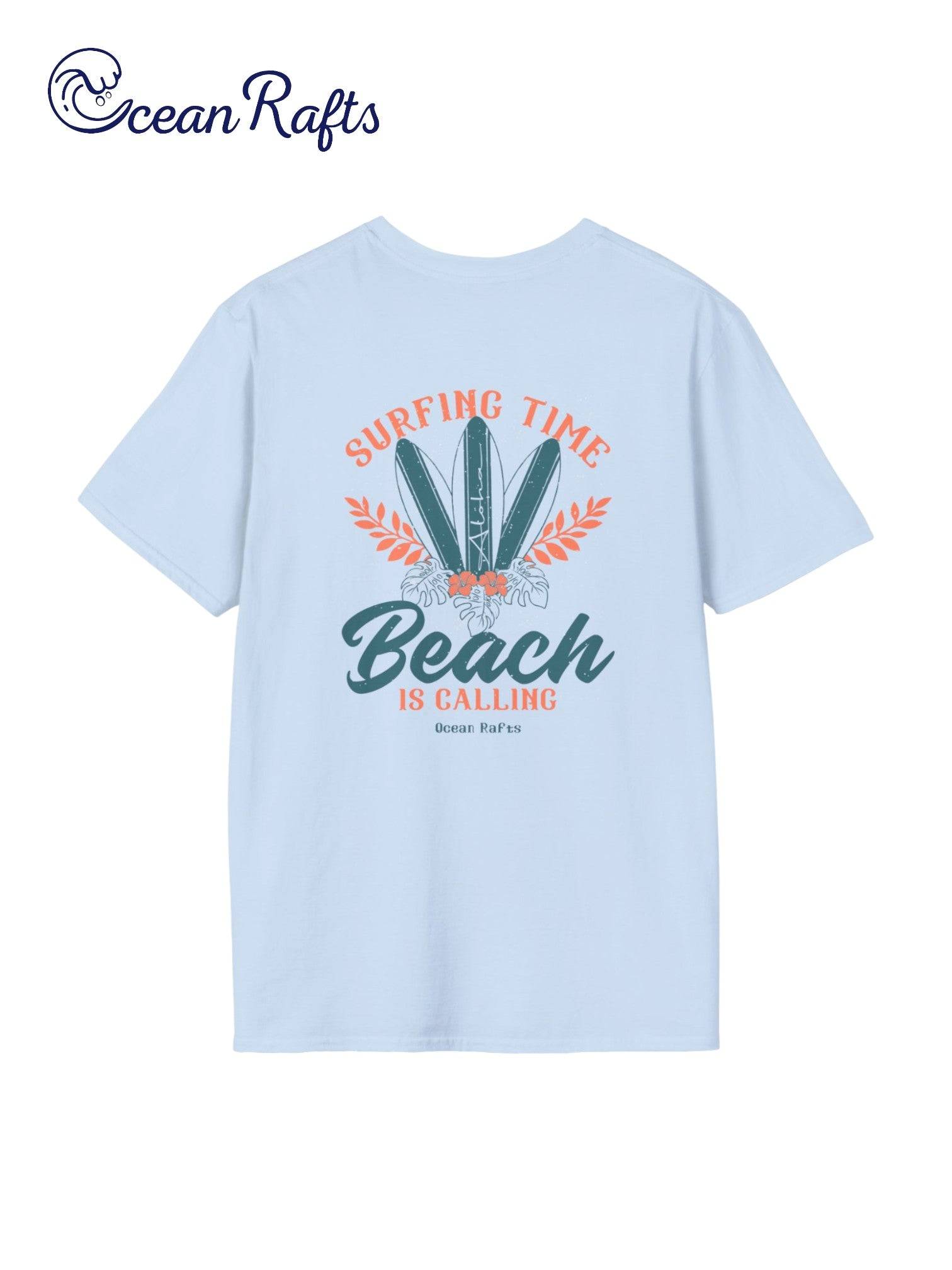 solid teal blue shirt with three orange and blue surfboards and beach is calling text & Surfing timecheap $40 free delivery included new graphic leightweight regular fit all sizes for men and women | Ocean Rafts