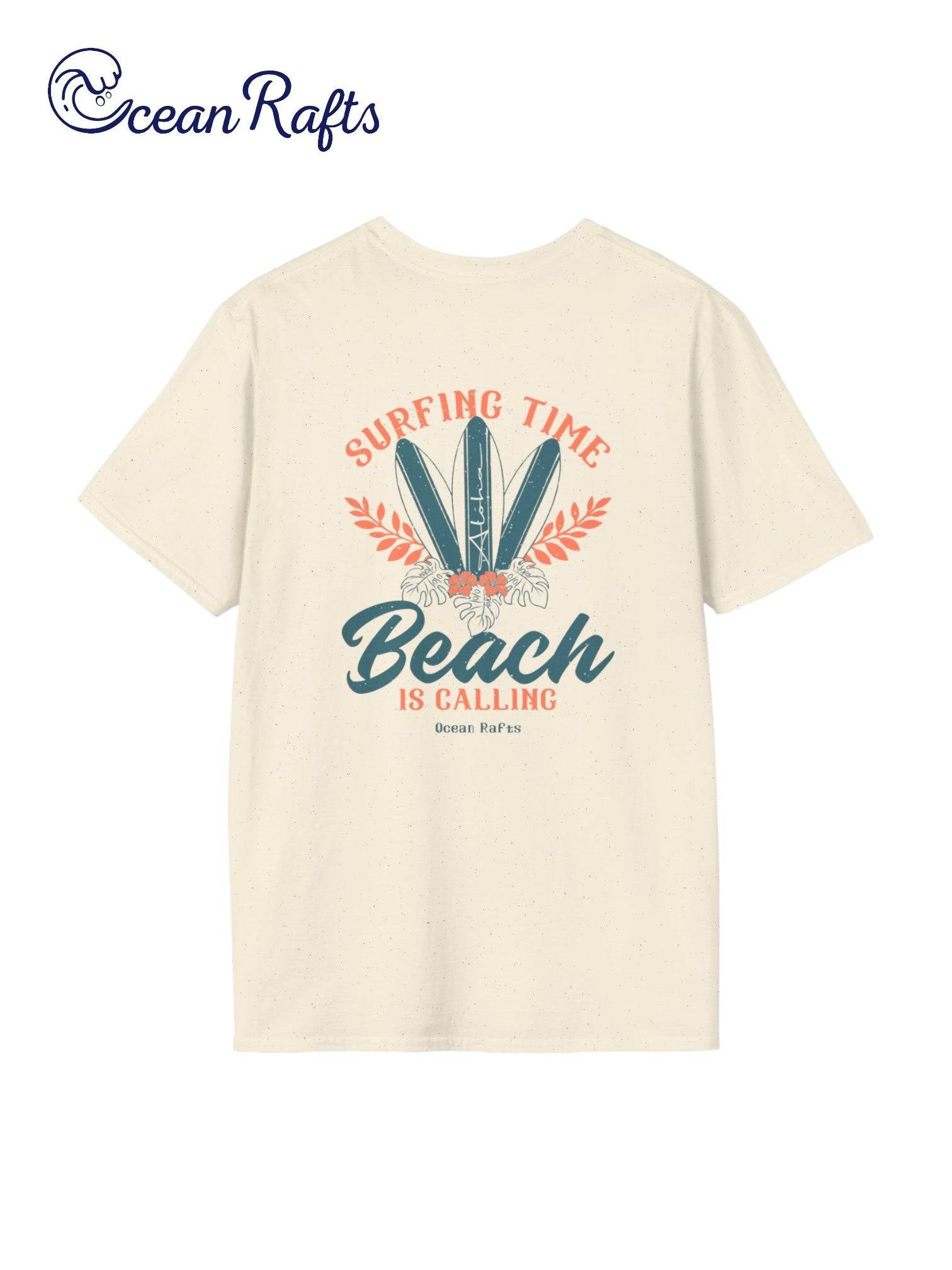 cream pale yellow shirt with three orange and blue surfboards and beach is calling text & Surfing timecheap $40 free delivery included new graphic leightweight regular fit all sizes for men and women | Ocean Rafts