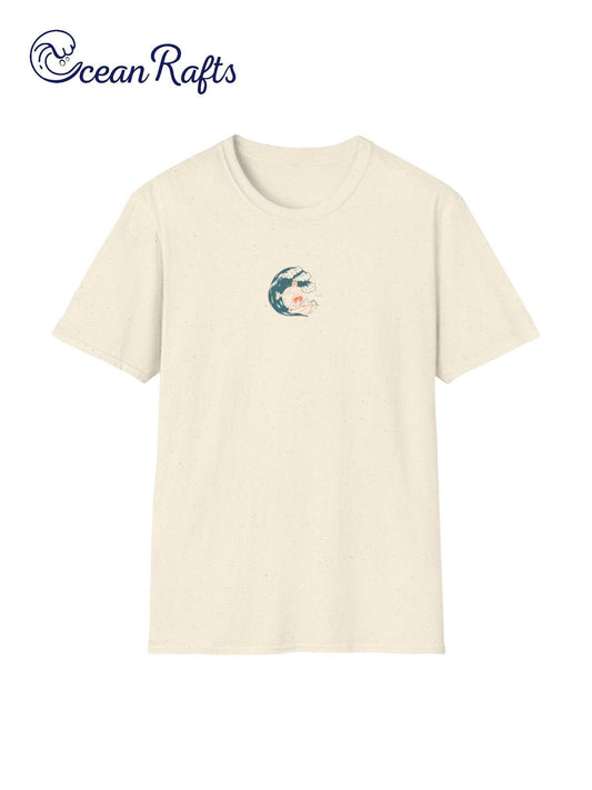 cream pale yellow shirt with man surfing on frontside cheap $40 free delivery included new graphic leightweight regular fit all sizes for men and women | Ocean Rafts