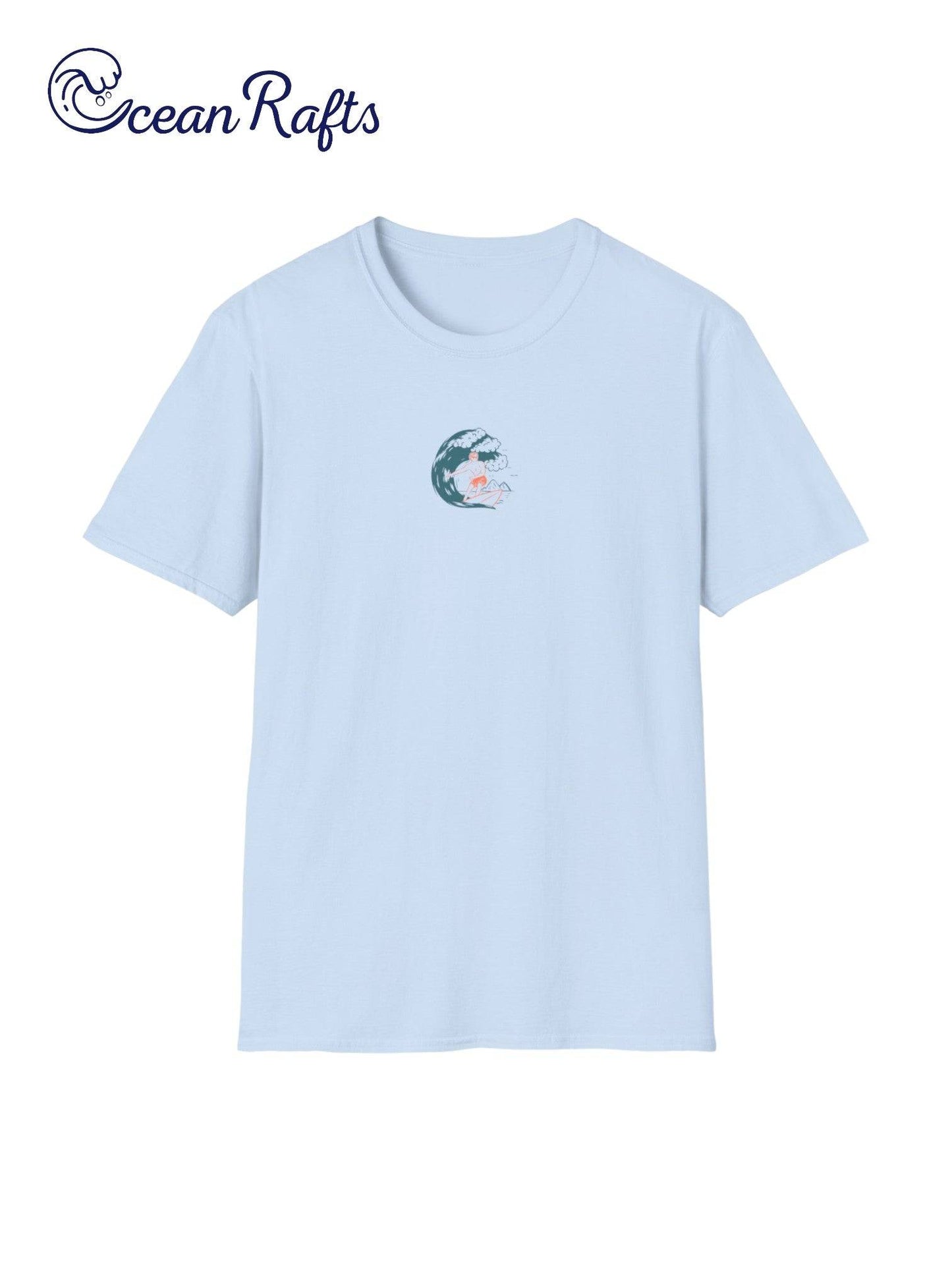 solid teal blue shirt with man surfing on frontside cheap $40 free delivery included new graphic leightweight regular fit all sizes for men and women | Ocean Rafts