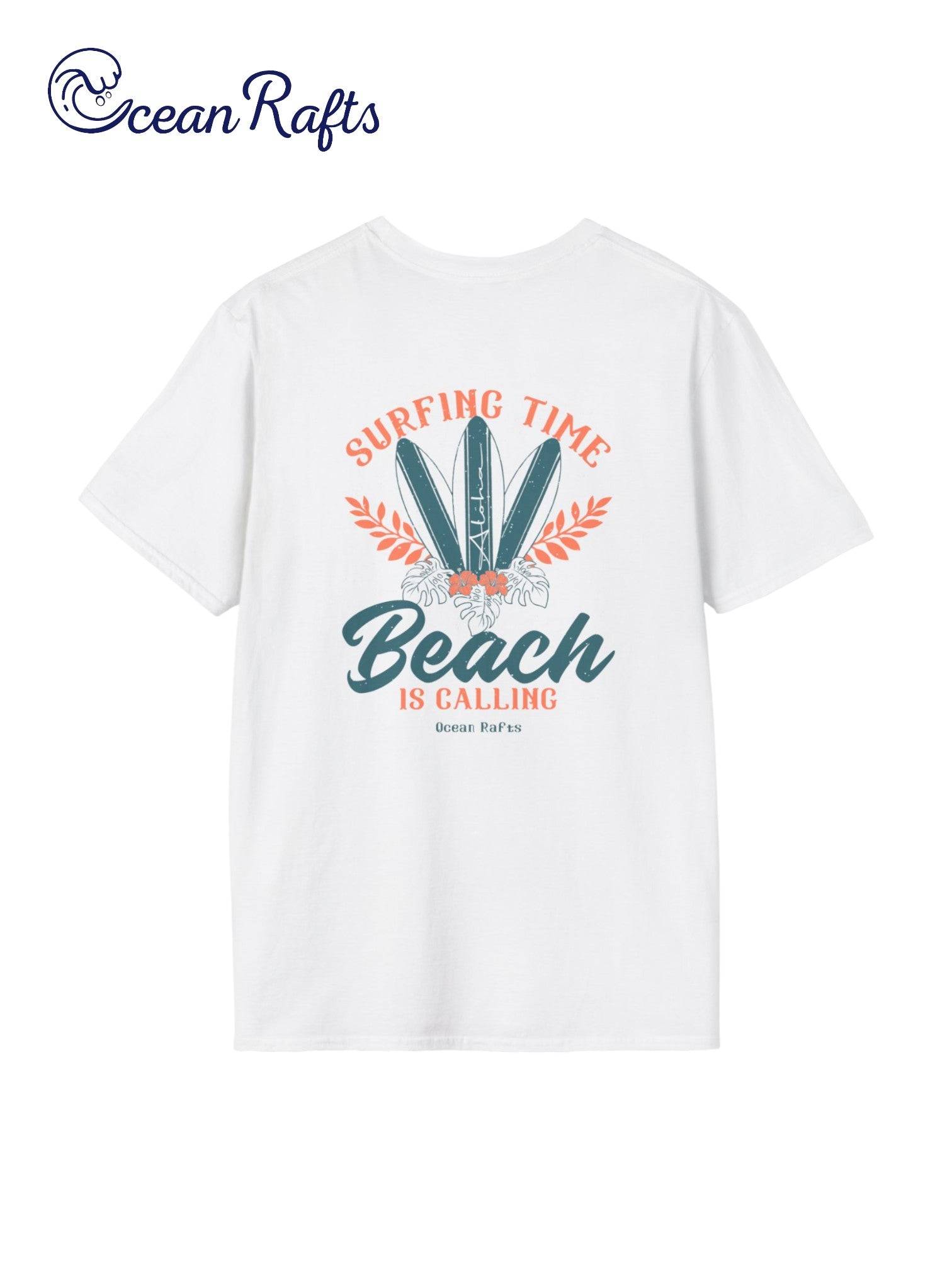 solid white shirt with three orange and blue surfboards and beach is calling text & Surfing timecheap $40 free delivery included new graphic leightweight regular fit all sizes for men and women | Ocean Rafts