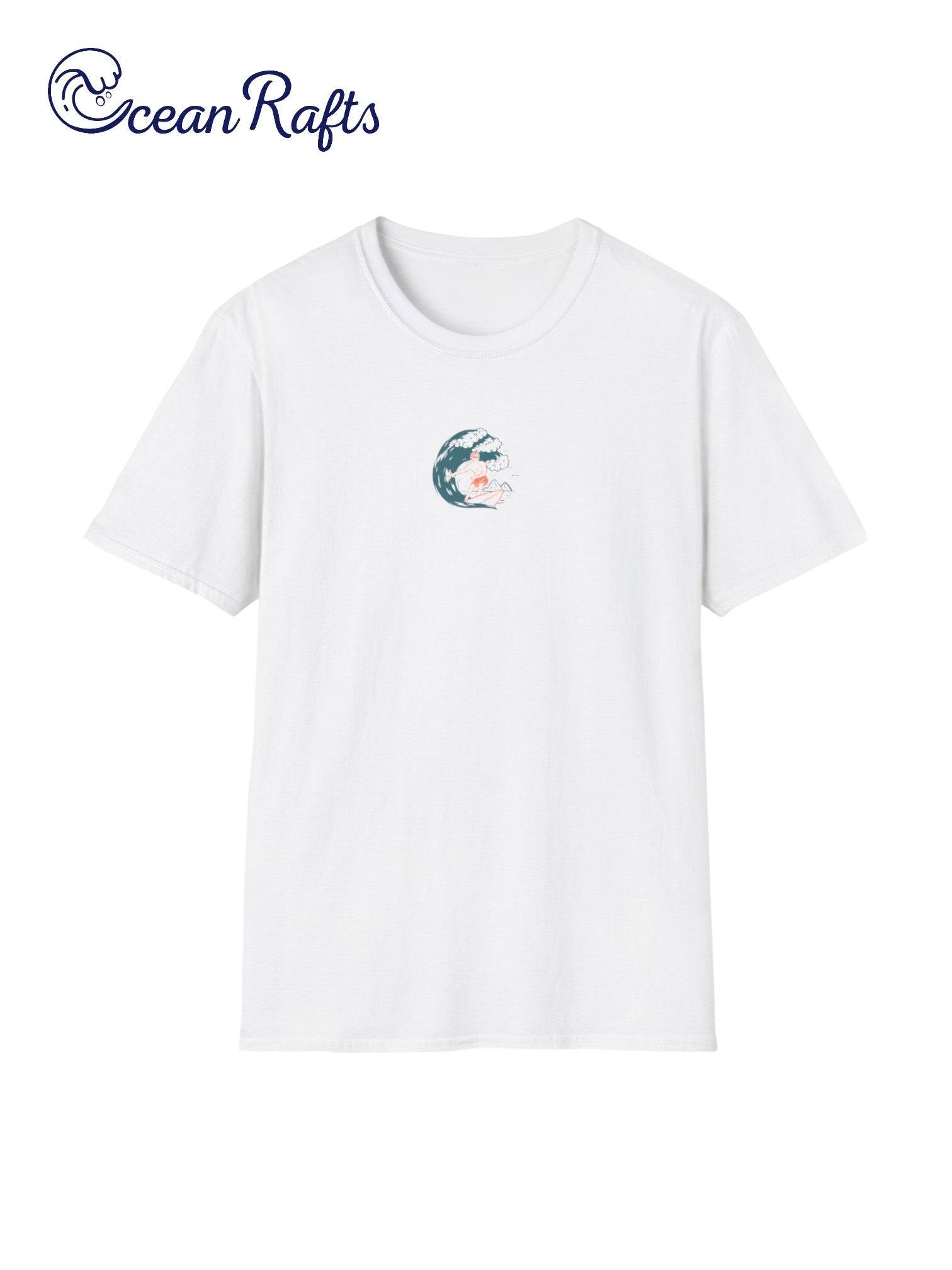 solid white shirt with man surfing on frontside cheap $40 free delivery included new graphic leightweight regular fit all sizes for men and women | Ocean Rafts