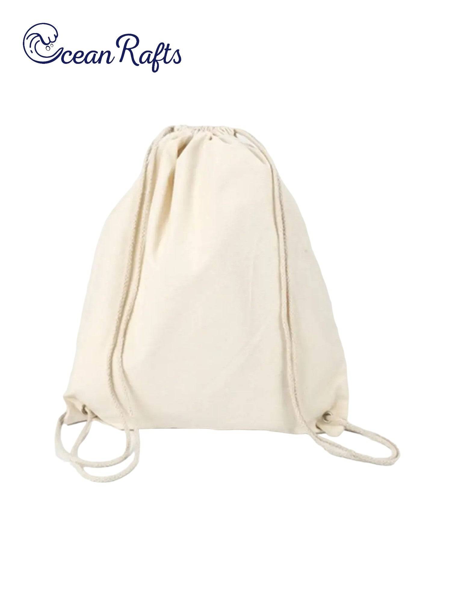 White Classic Canvas Drawstring Bag on white background that is affordable and cheap. One entire pocket with drawstring closure Backpack $20 free delivery included | Ocean Rafts