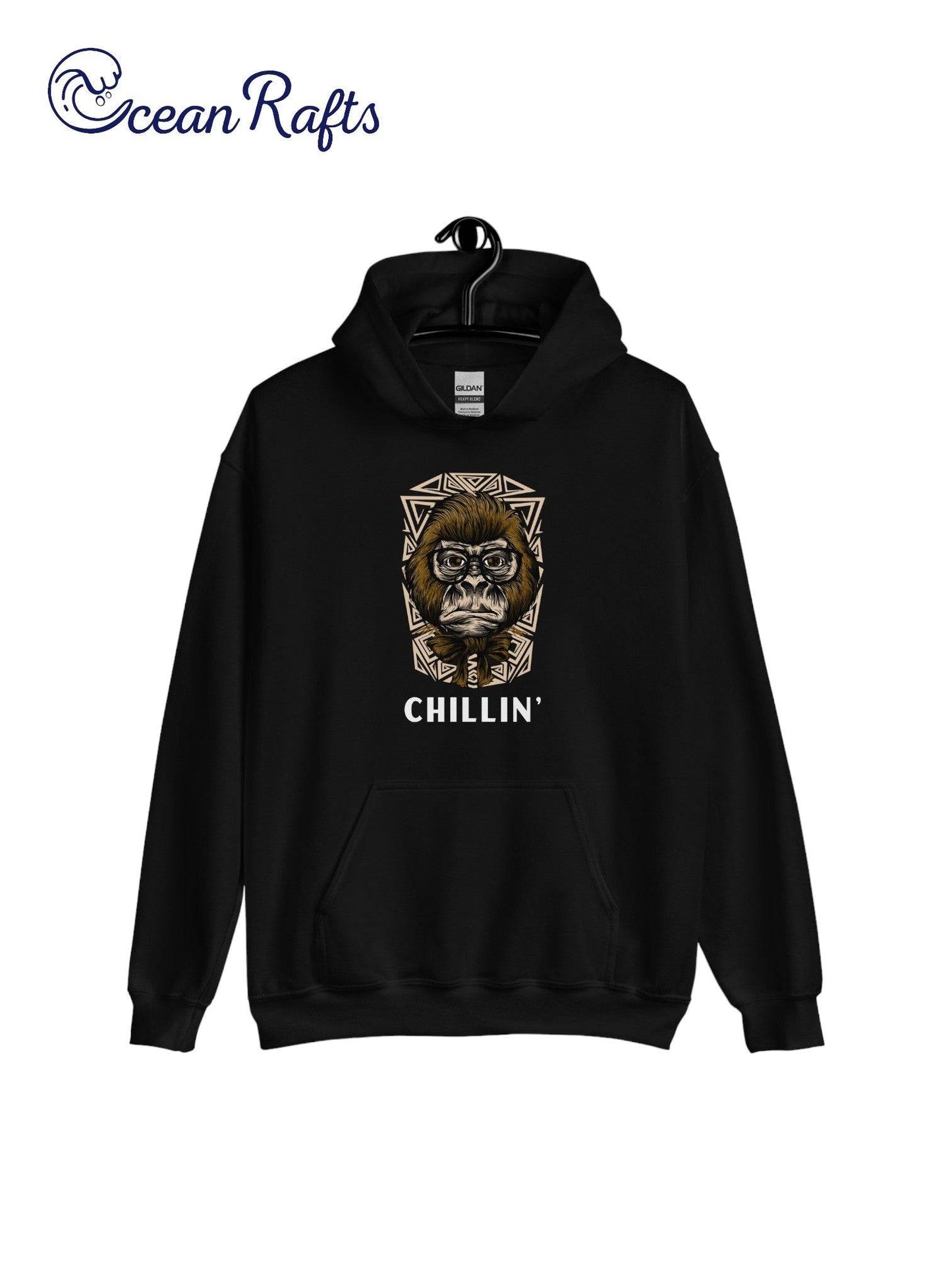 black hoodie with gorilla graphic and chillin' text | Ocean Rafts