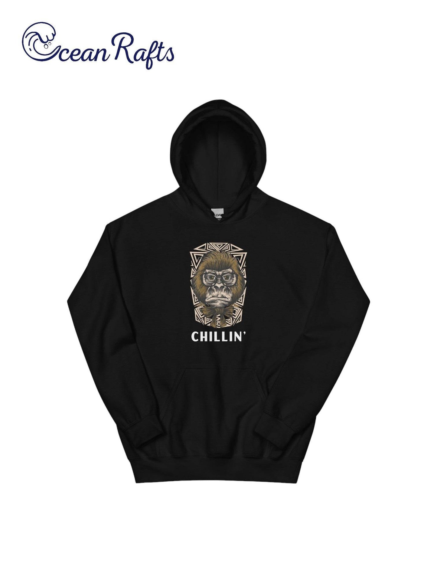 front of black hoodie with gorilla graphic and chillin' text | Ocean Rafts