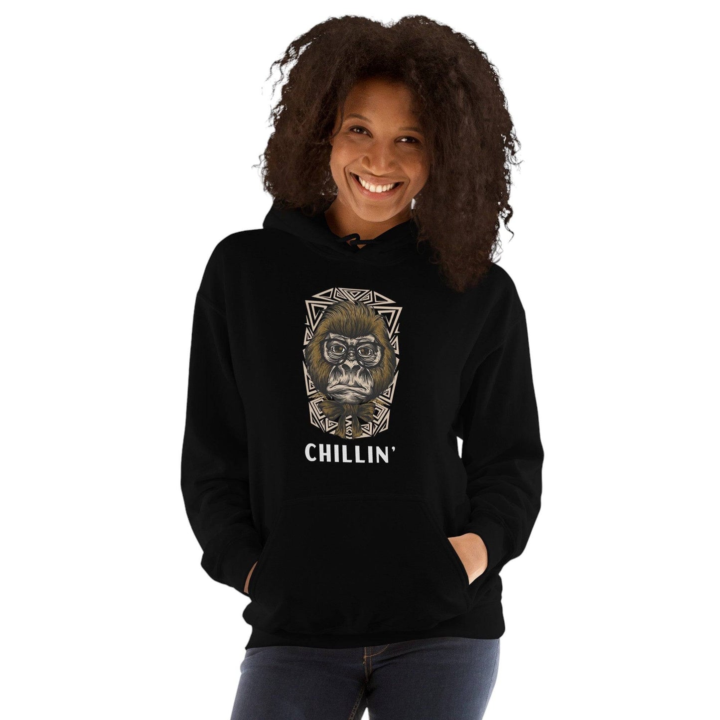 woman posing with a black hoodie with gorilla graphic and chillin' text | Ocean Rafts