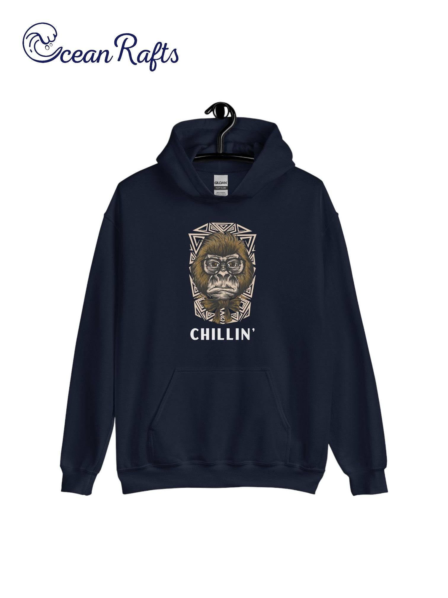 navy blue sweater with gorilla graphic and chillin' text | Ocean Rafts