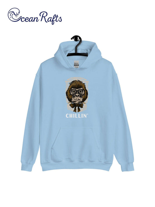 blue hoodie with gorilla graphic and chillin' text | Ocean Rafts