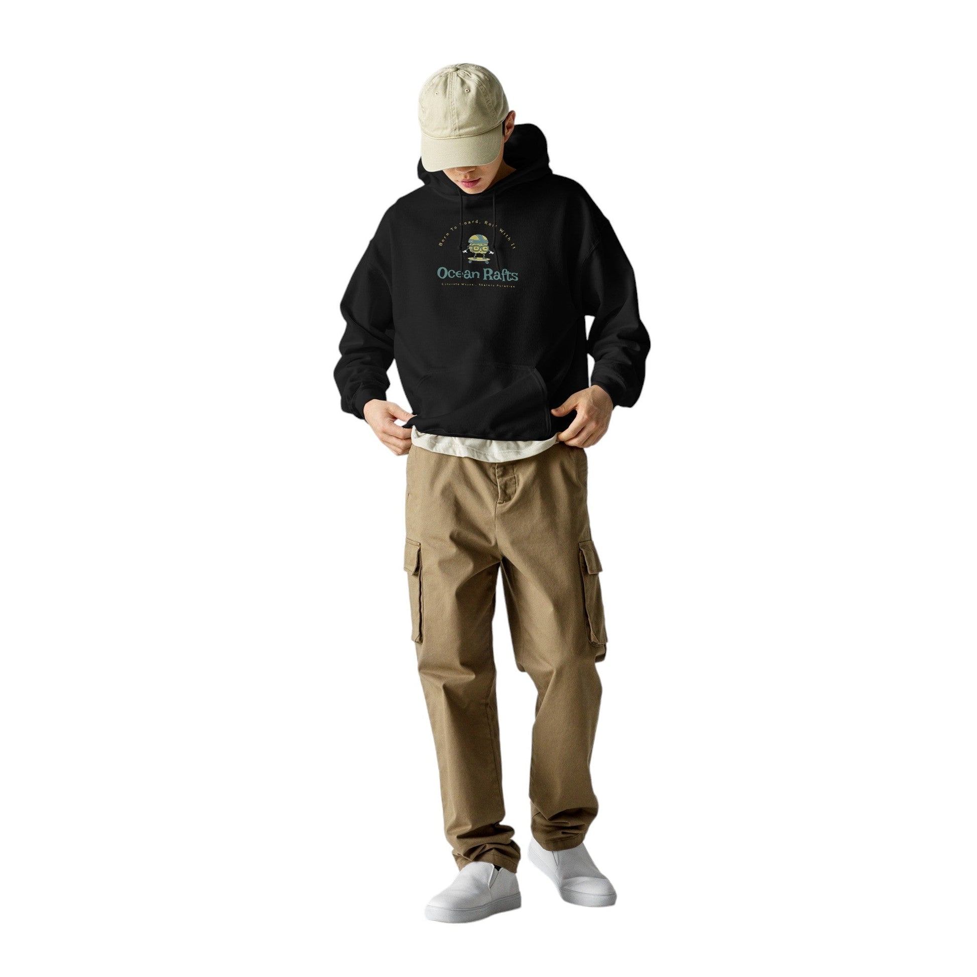 man wearing a black hoodie with concrete waves graphic and khaki pants | Ocean Rafts