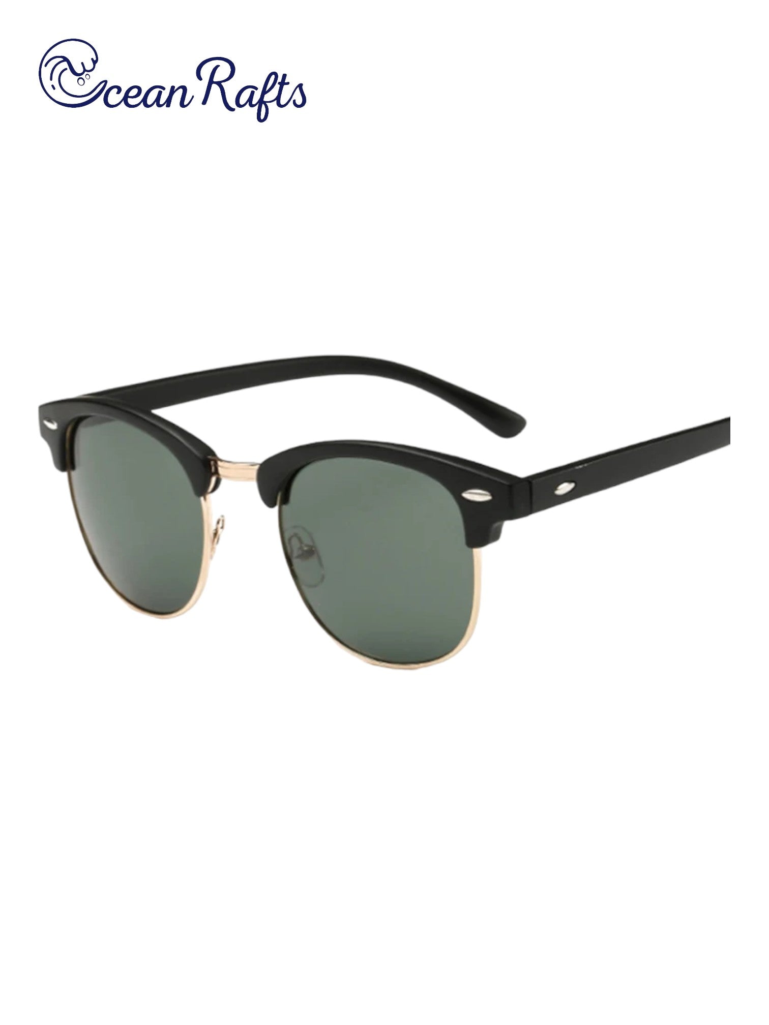 a pair of sunglasses with a black frame and green lens Half Frame Polarized Sunglasses $20 Cheap Free Delivery | Ocean Rafts