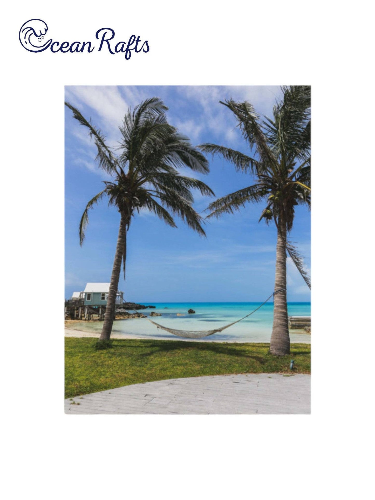 Hammock By The Sea Poster - Image of two palm trees on a tropical beach foreshore with a hammock tied between the palm trees. Light and colourful poster canvas. Free delivery home decor beach style new cheap | Ocean Rafts