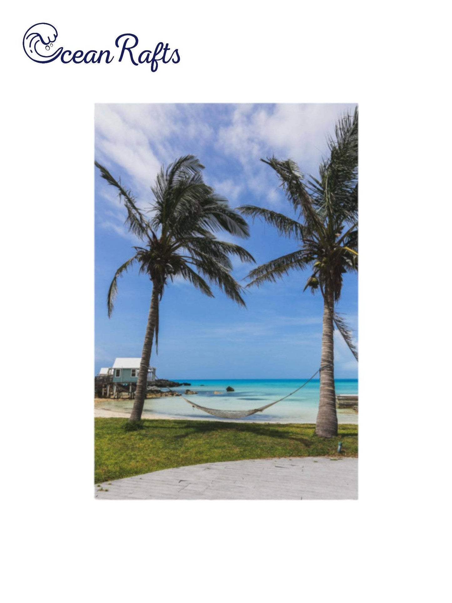 Hammock By The Sea Poster - Image of two palm trees on a tropical beach foreshore with a hammock tied between the palm trees. Light and colourful poster canvas. Free delivery home decor beach style new cheap | Ocean Rafts