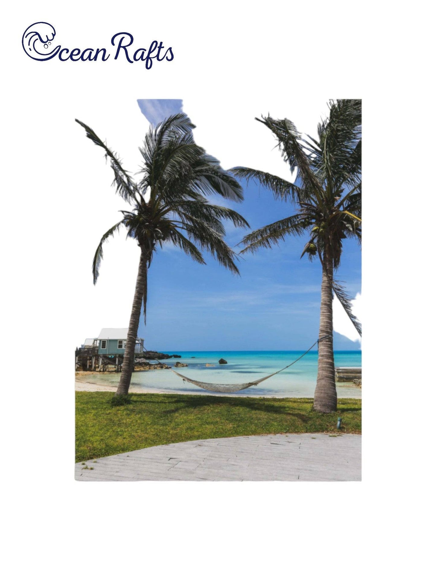 Hammock By The Sea Poster - Image of two palm trees on a tropical beach foreshore with a hammock tied between the palm trees. Light and colourful poster canvas. Free delivery home decor beach style new cheap | Ocean Rafts