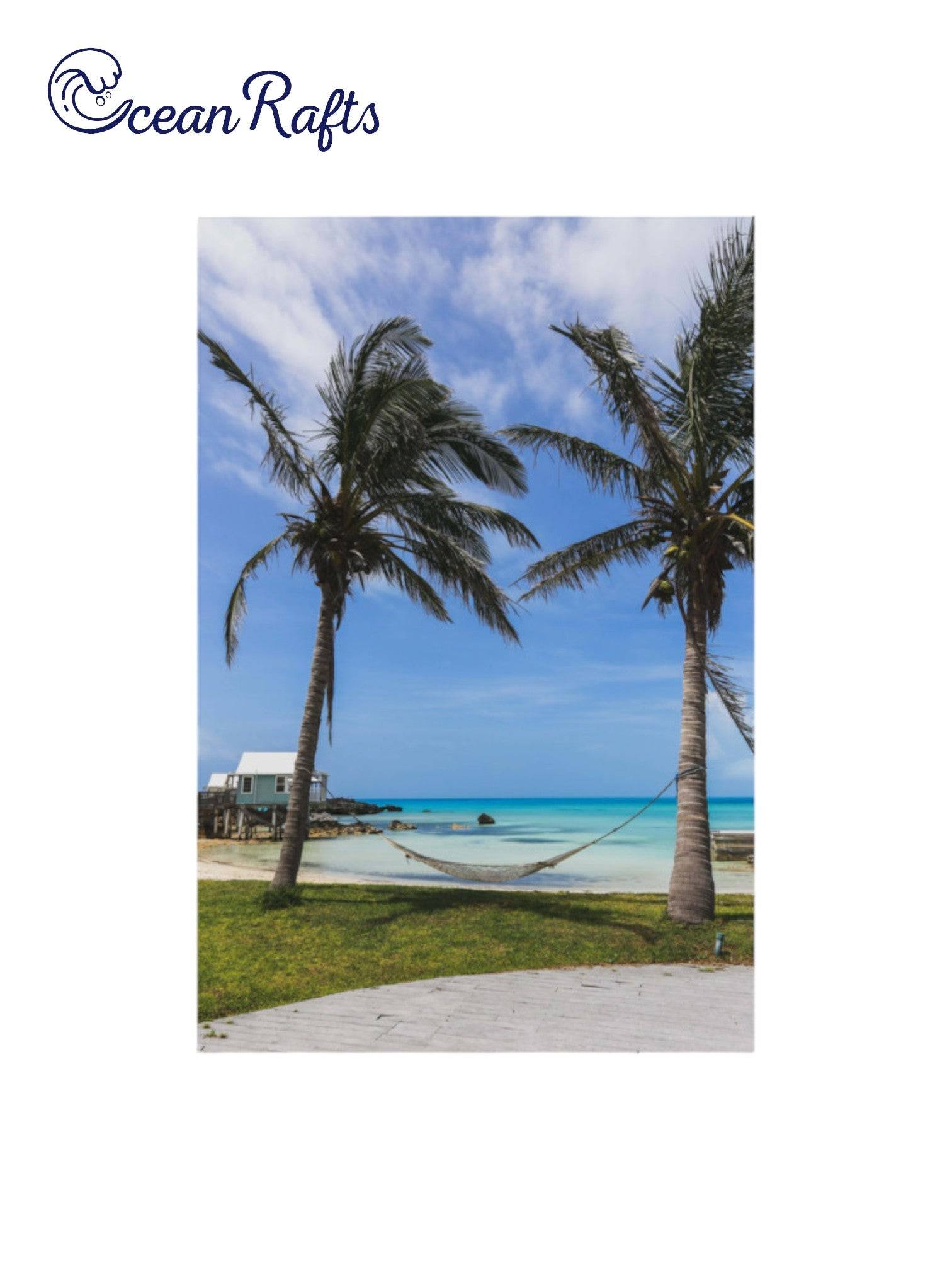 Hammock By The Sea Poster - Image of two palm trees on a tropical beach foreshore with a hammock tied between the palm trees. Light and colourful poster canvas. Free delivery home decor beach style new cheap | Ocean Rafts