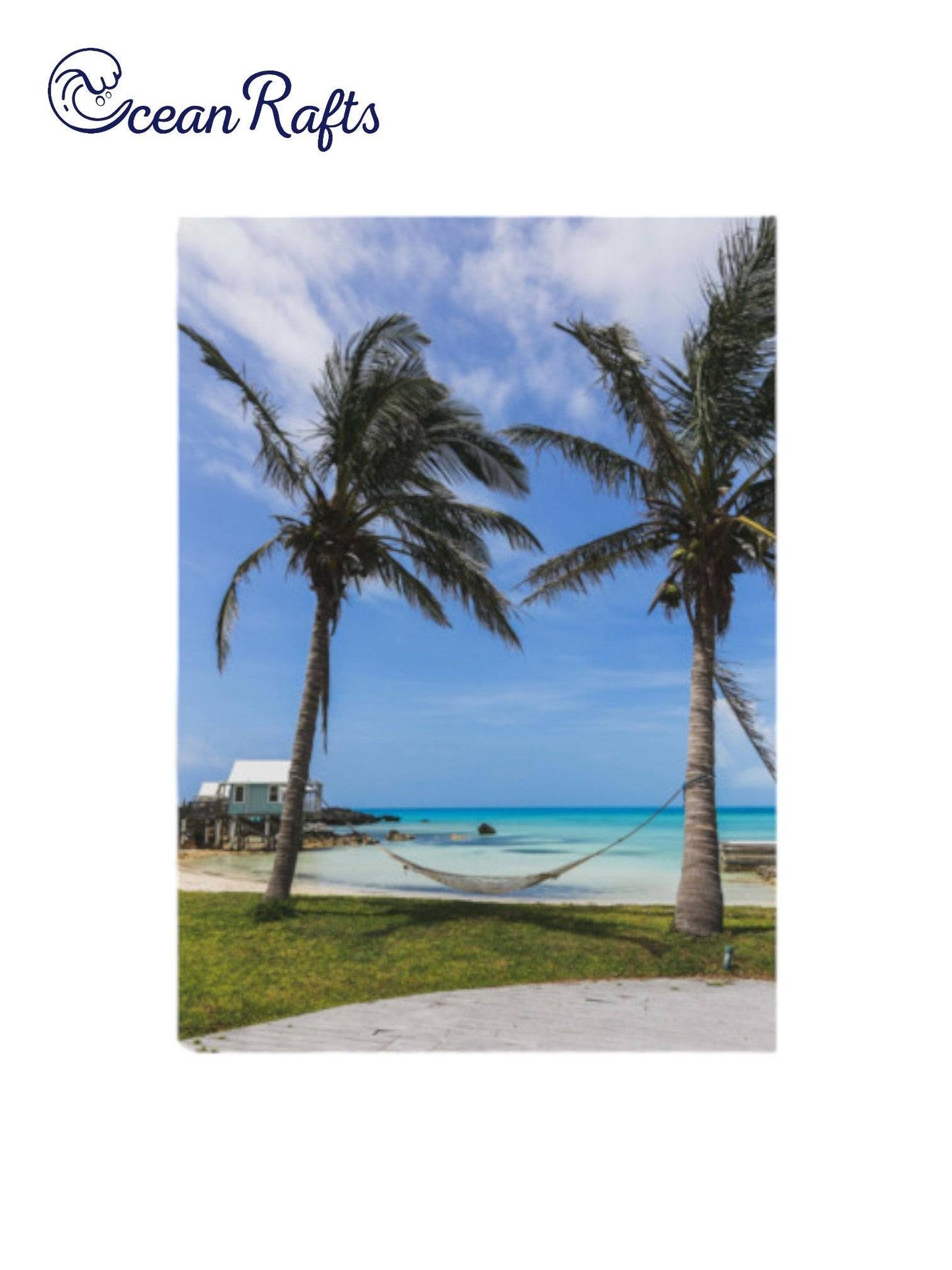 Hammock By The Sea Poster - Image of two palm trees on a tropical beach foreshore with a hammock tied between the palm trees. Light and colourful poster canvas. Free delivery home decor beach style new cheap | Ocean Rafts