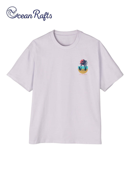 pale pink violet orchid shirt with surfboard and palm tree beach graphic front side | Ocean Rafts