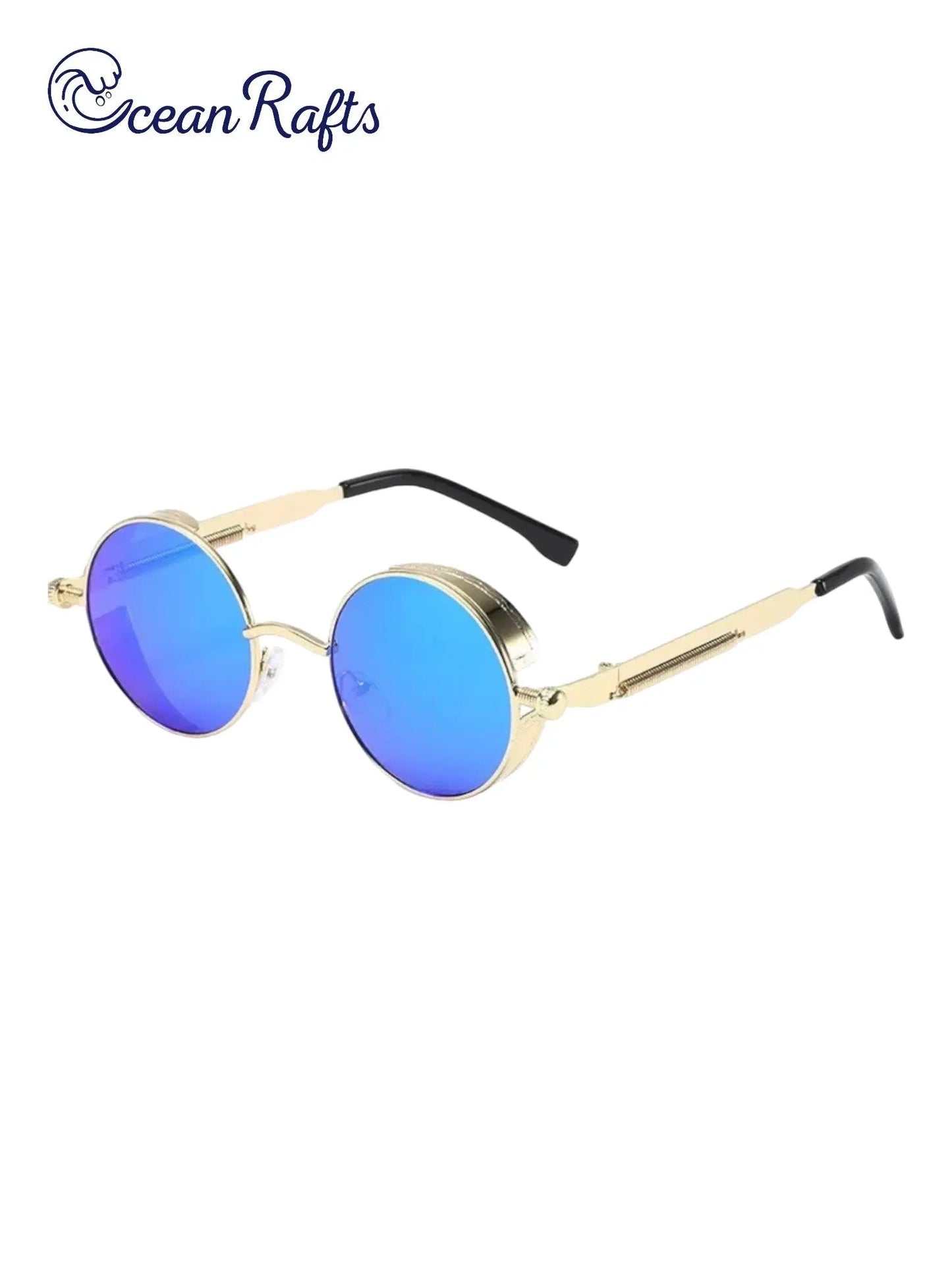 a pair of sunglasses with blue mirrored lenses free delivery included $20 cheap for men and women dropshipping stylish metal steam punk round sunnies | Ocean Rafts