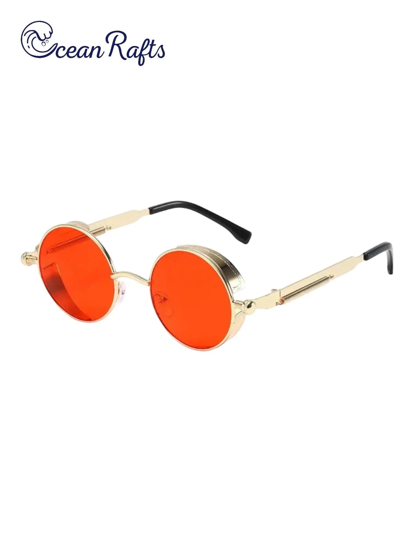 a pair of sunglasses with orange lenses free delivery included $20 cheap for men and women dropshipping stylish metal steam punk round sunnies | Ocean Rafts