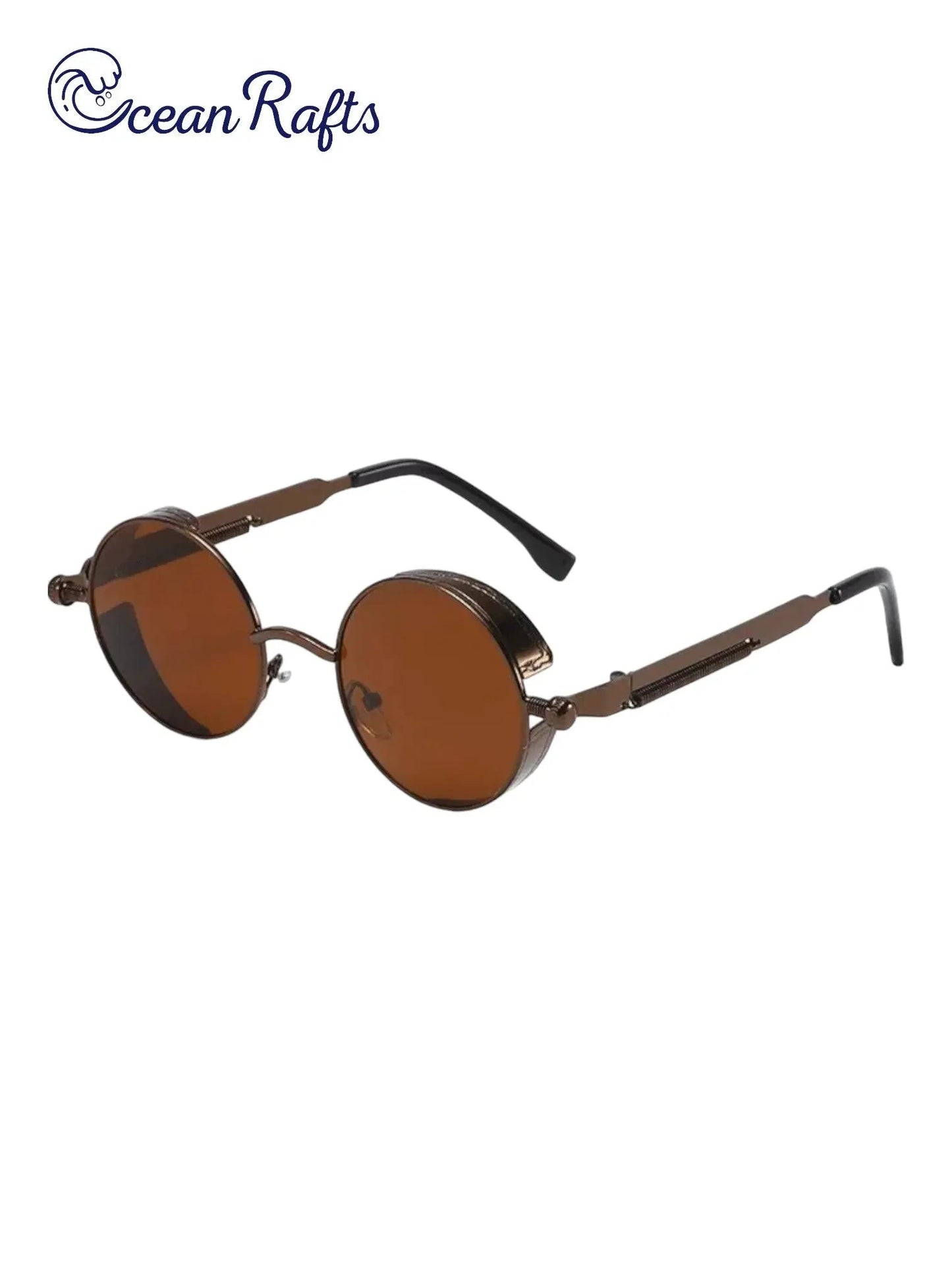 a pair of sunglasses with a brown lens free delivery included $20 cheap for men and women dropshipping stylish metal steam punk round sunnies | Ocean Rafts