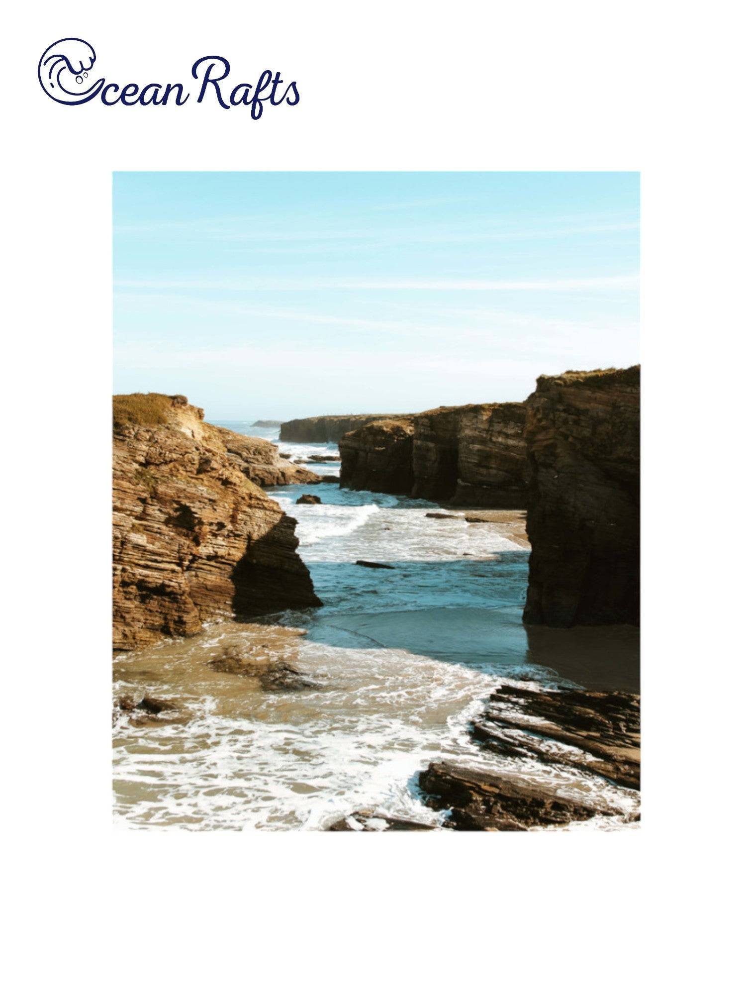 Ocean Cliff Vista Poster - Image on poster of a large bodies of rocks seperated by the ocean - free delivery $30 cheap poster frame home decor new | Ocean Rafts