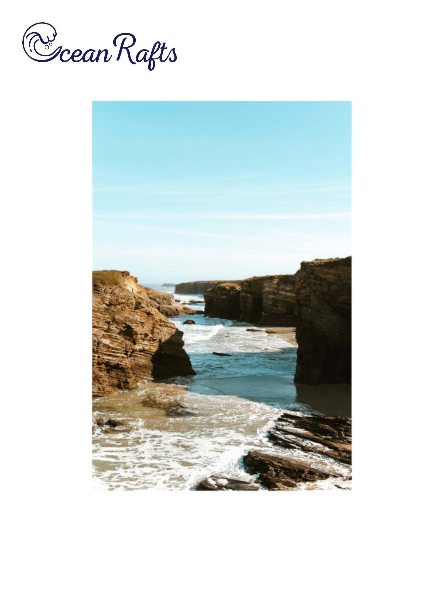 Ocean Cliff Vista Poster - Image on poster of a large bodies of rocks seperated by the ocean - free delivery $30 cheap poster frame home decor new | Ocean Rafts