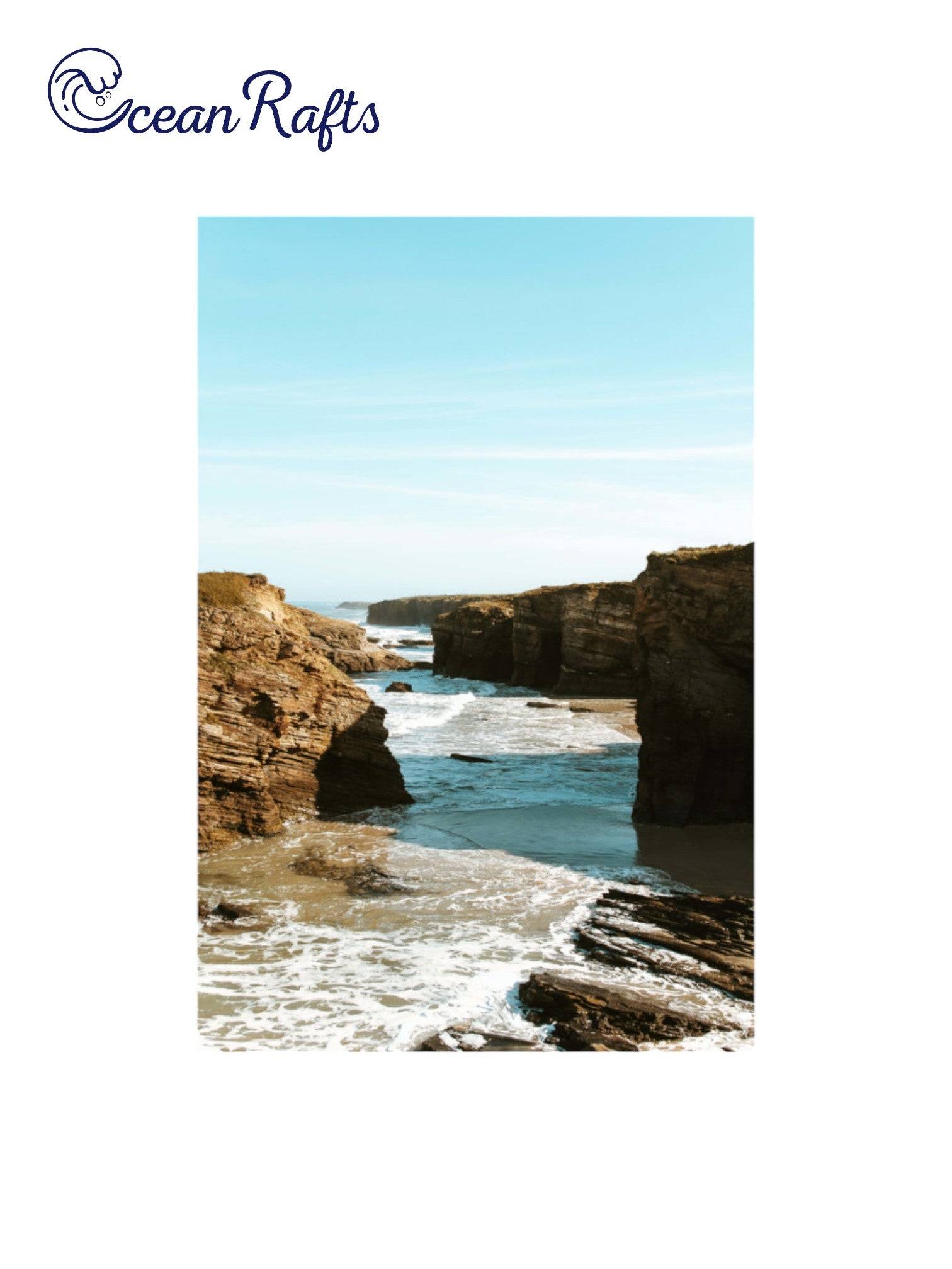 Ocean Cliff Vista Poster - Image on poster of a large bodies of rocks seperated by the ocean - free delivery $30 cheap poster frame home decor new | Ocean Rafts