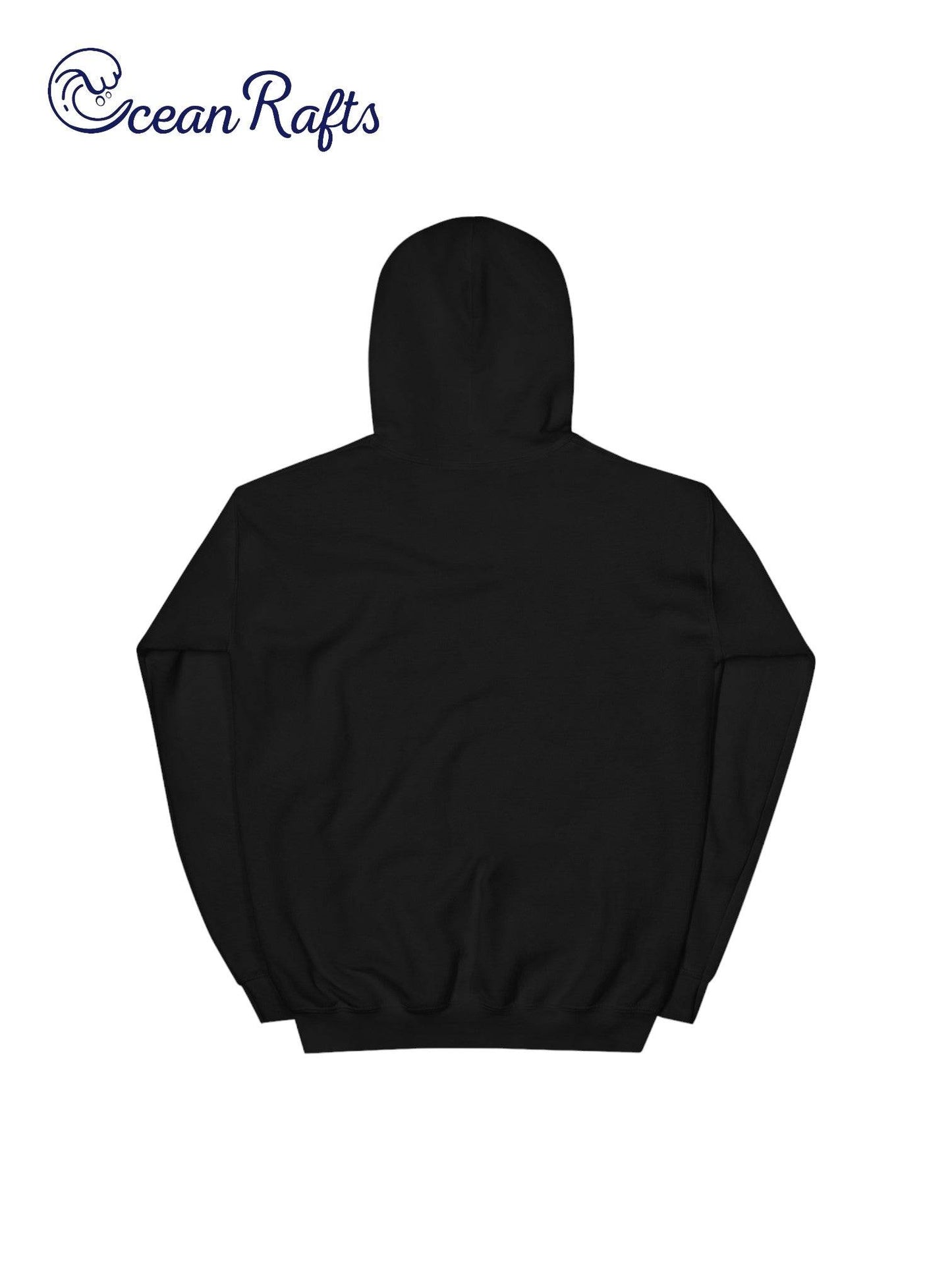 back of black hoodie with white ocean rafts logo on front side | Ocean Rafts