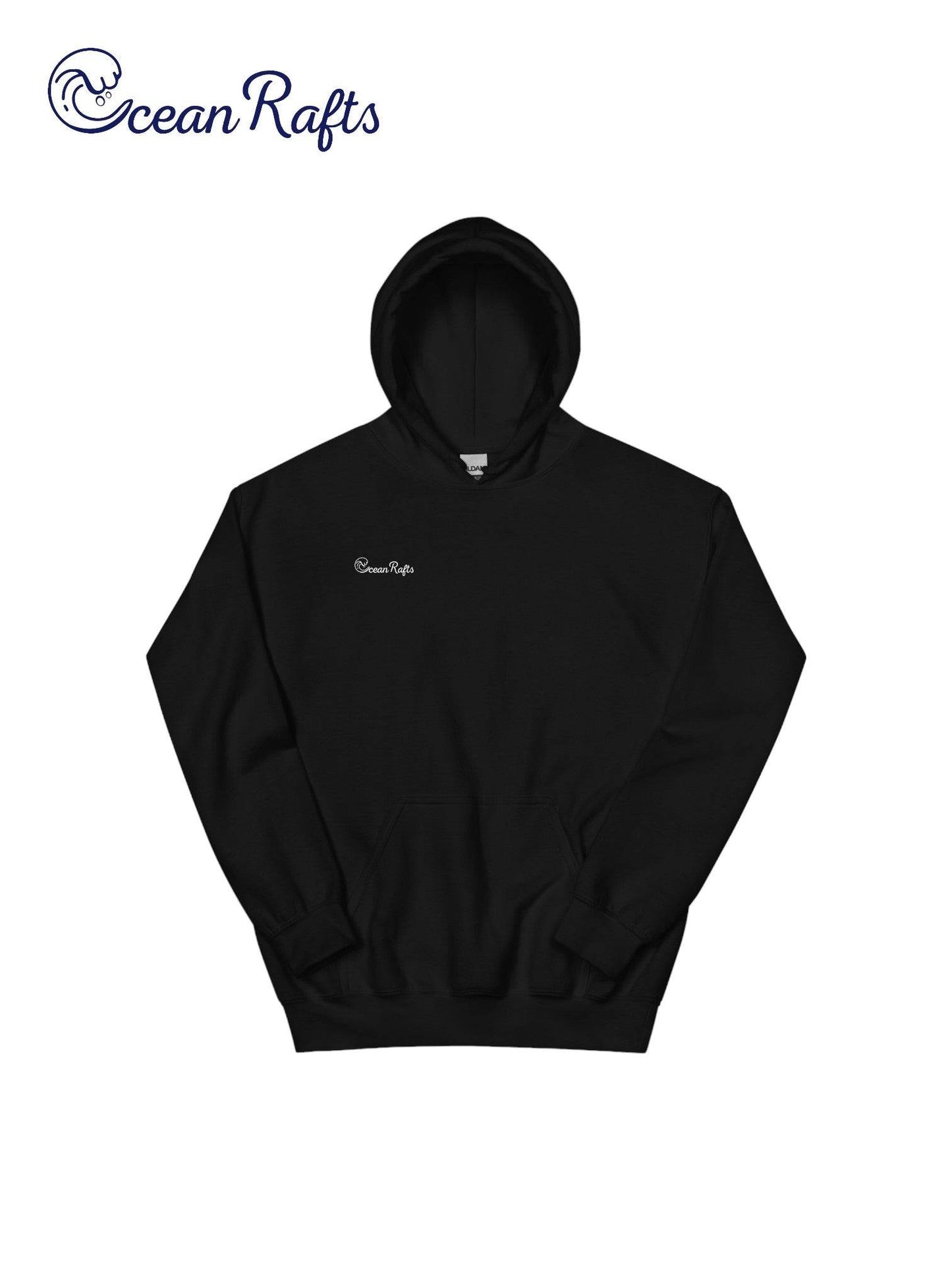 front of black hoodie with white ocean rafts logo | Ocean Rafts