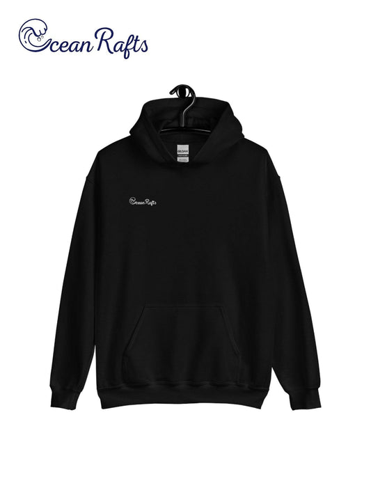 black hoodie with white ocean rafts logo | Ocean Rafts