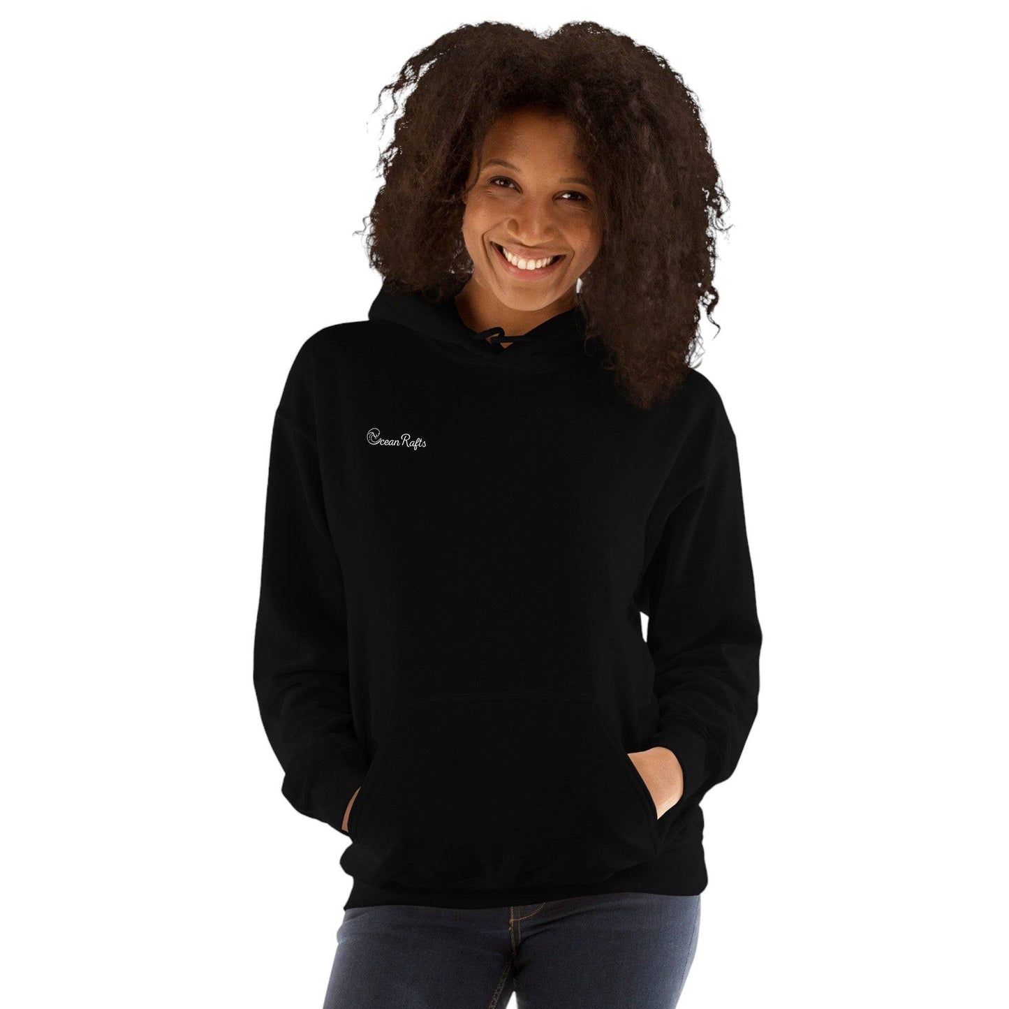 women wearing solid colour black sweater jumper hoodie with white ocean rafts logo | Ocean Rafts