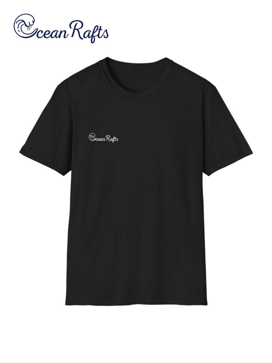 a black t - shirt with the ocean rafts logo on it free delivery cheap $35 New Regular fit Leight Weight Elastic Cotton and polyester | Ocean Rafts