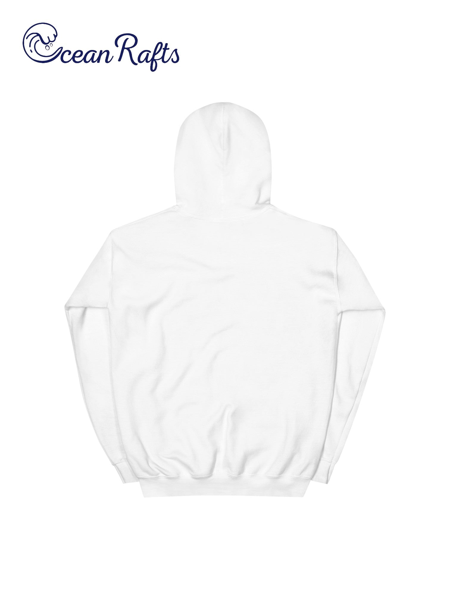 back of white hoodie with ocean rafts logo | Ocean Rafts