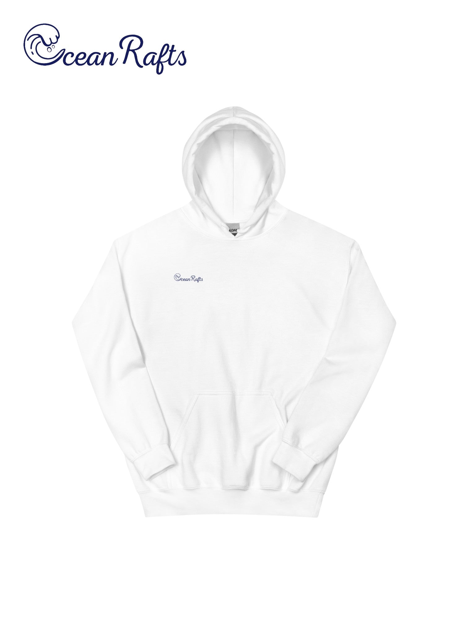 front of white hoodie with ocean rafts logo | Ocean Rafts