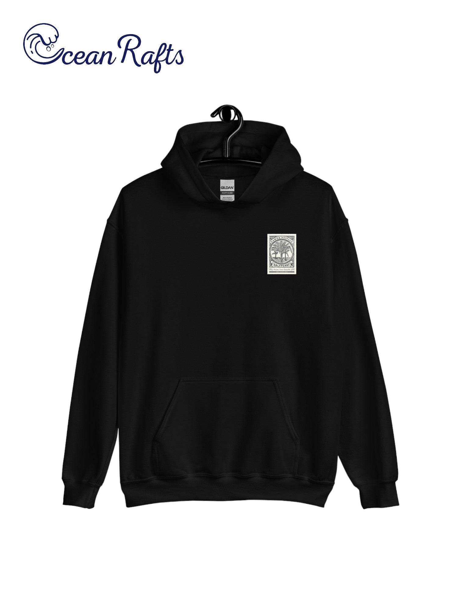 black hoodie with postcard stamp graphic | Ocean Rafts