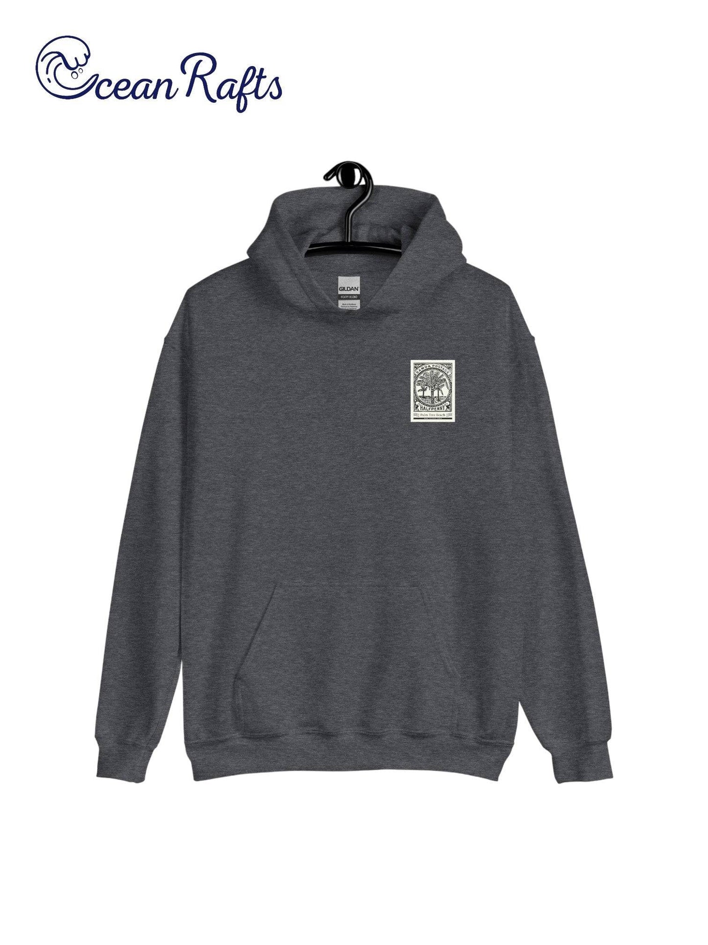 dark grey sweater with postcard stamp graphic | Ocean Rafts