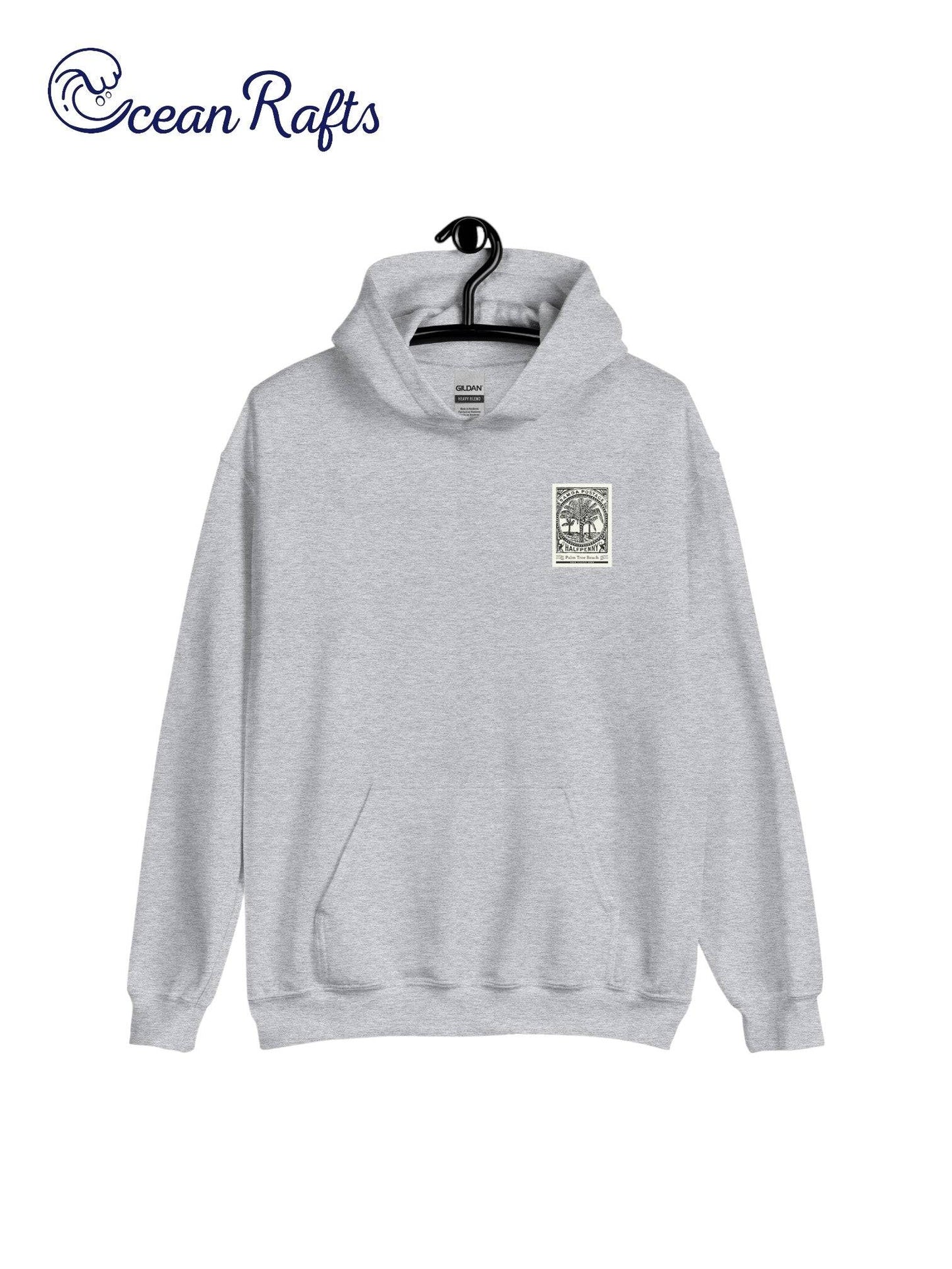 grey hoodie with postcard stamp graphic | Ocean Rafts