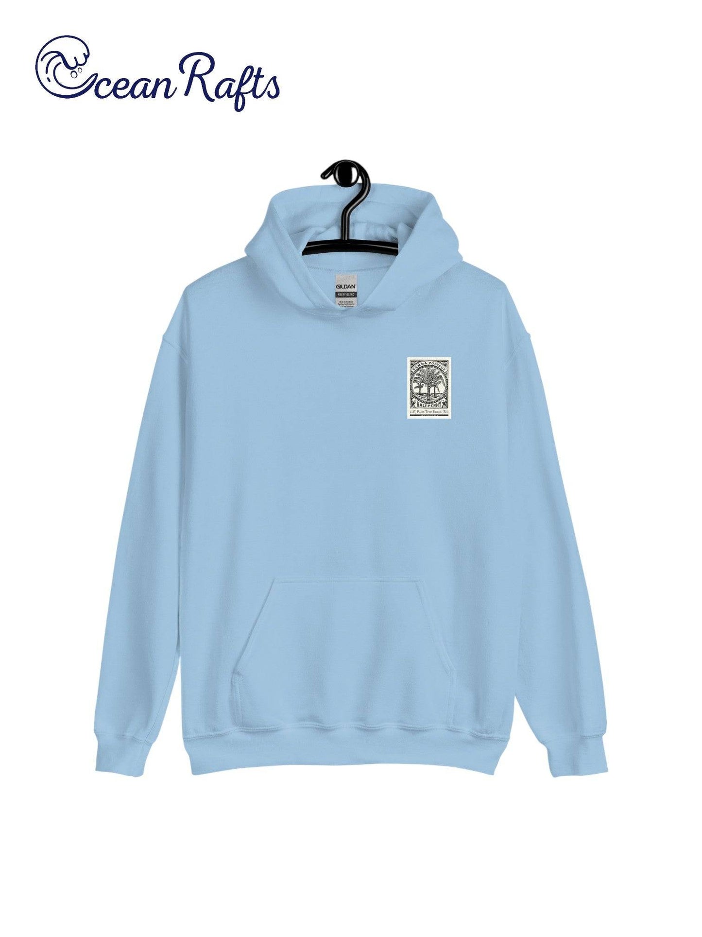 Light Blue Hoodie with postcard stamp graphic | Ocean Rafts