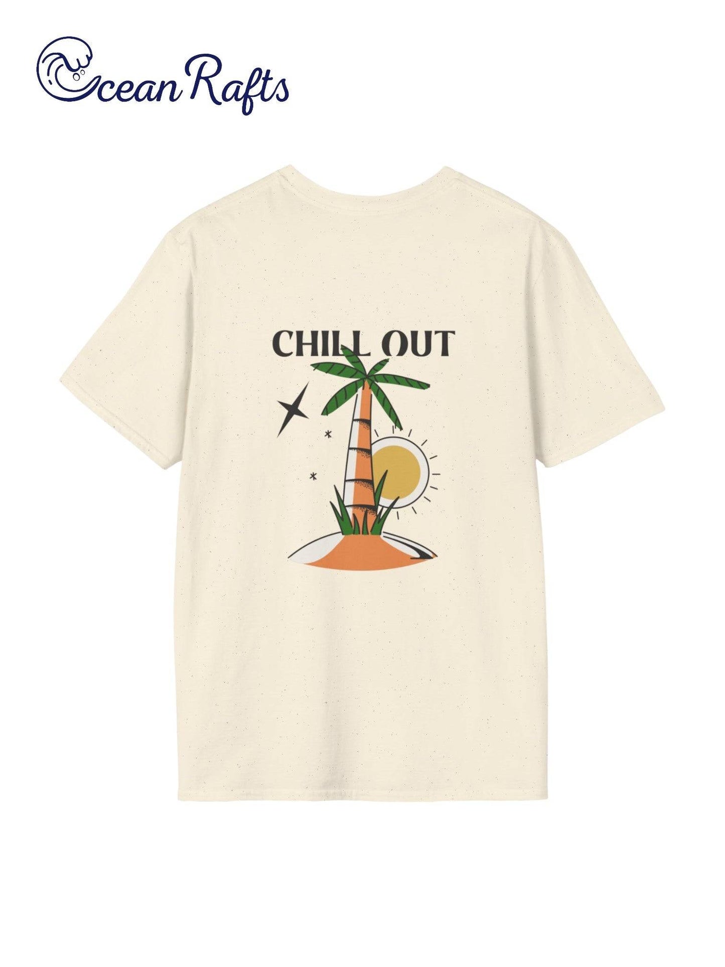 cream yellow coloured leightweight t shirt with green and oange palm trees on and island with a chill out text free delivery new $40 cheap for men and women elastic | Ocean Rafts