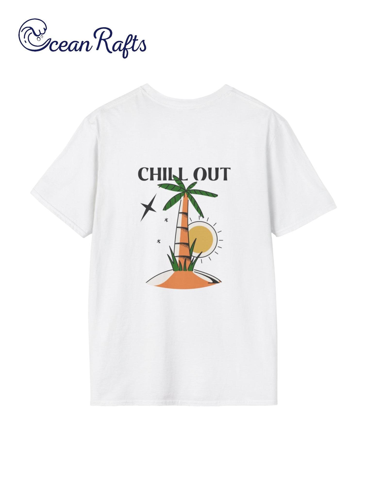 solid white leightweight t shirt with green and oange palm trees on and island with a chill out text free delivery new $40 cheap for men and women elastic | Ocean Rafts