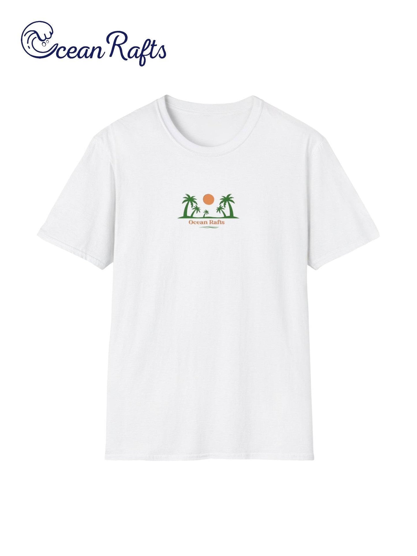 solid white Leightweight t shirt green palm trees and orange sunset graphic cheap $40 free delivery regular fit for men and women | Ocean Rafts