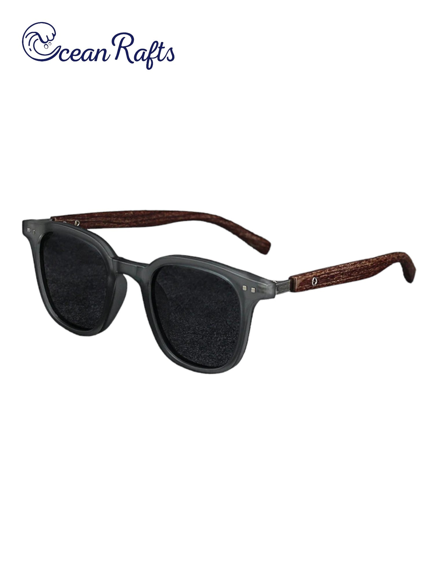 a pair of black sunglasses with wooden arms