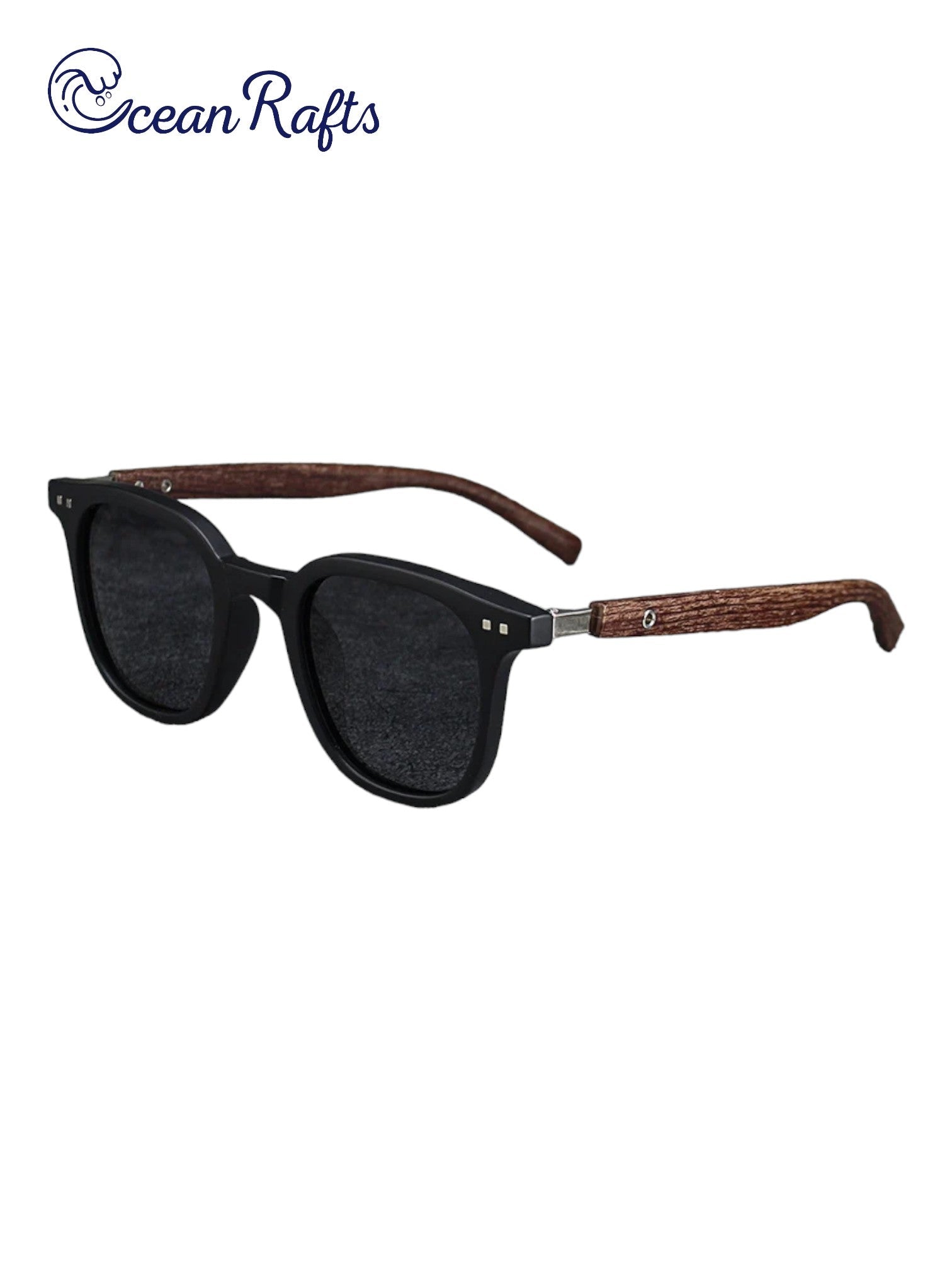 a pair of black sunglasses with wooden arms