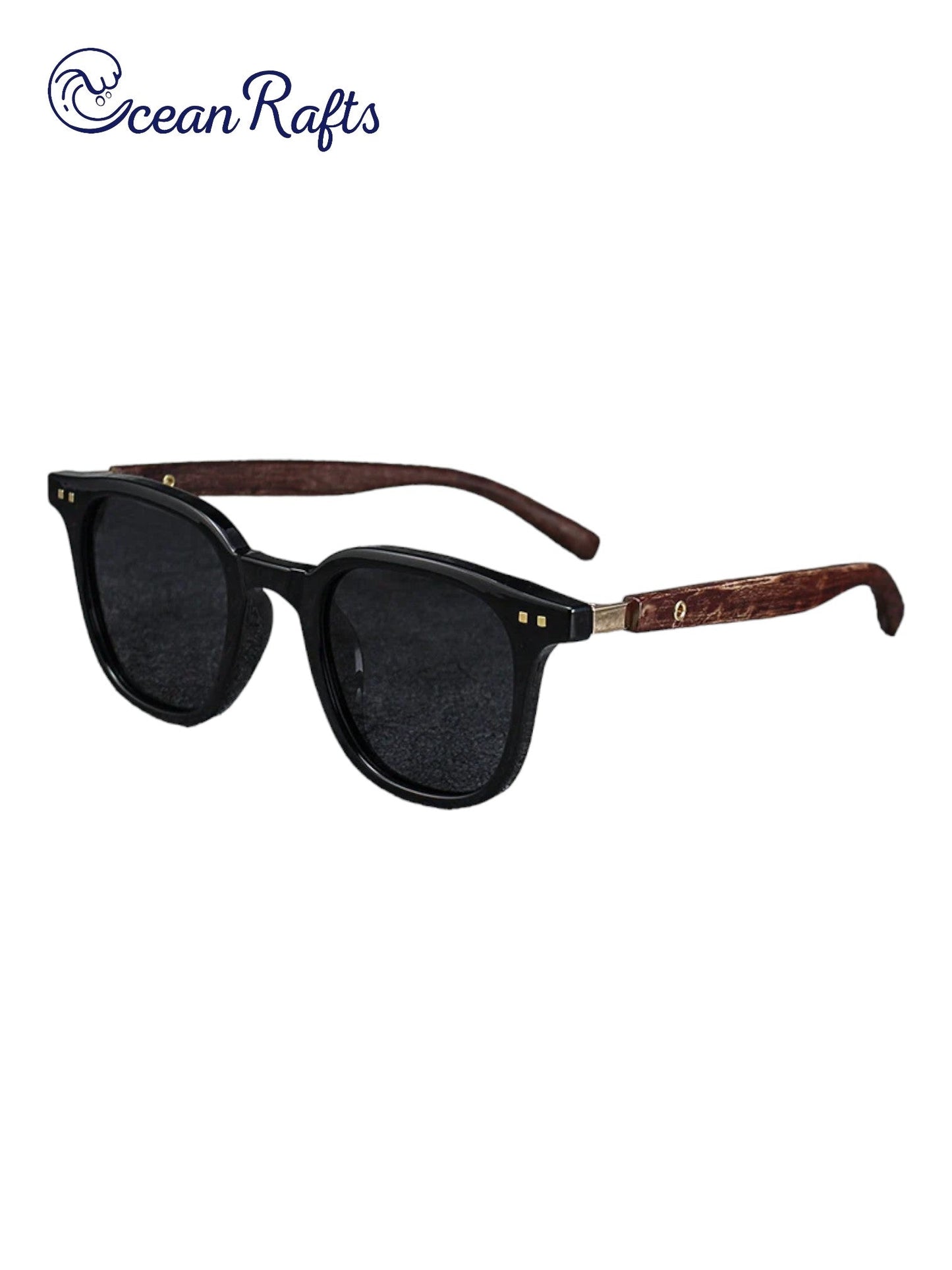 a pair of black sunglasses with wooden arms