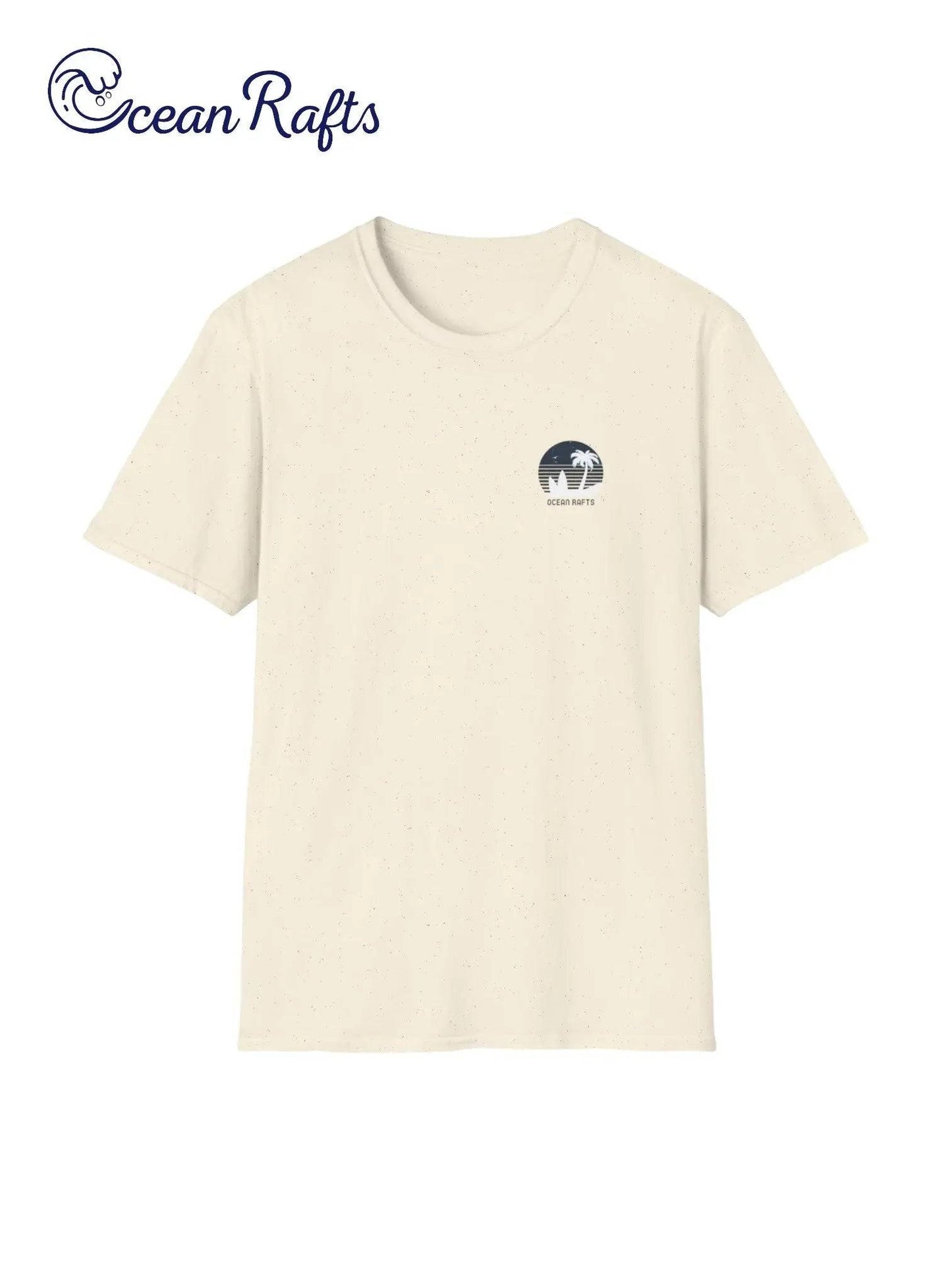 a white t - shirt with a picture of a surfboard and palm trees in a circular eblem | Ocean Rafts