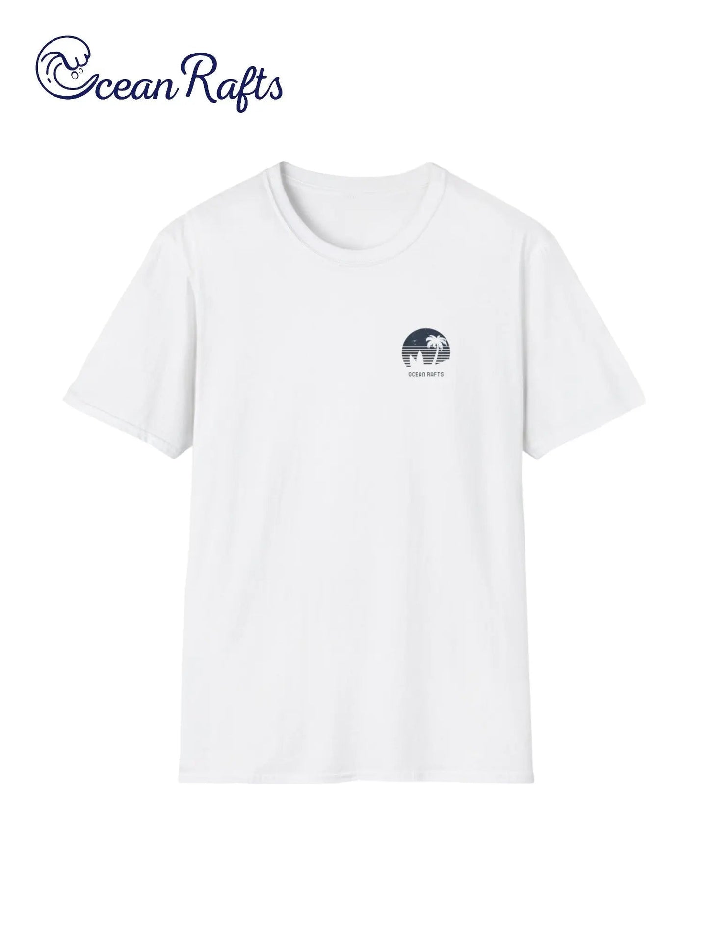 a white t - shirt with a picture of a surfboard and palm trees in a circular eblem | Ocean Rafts