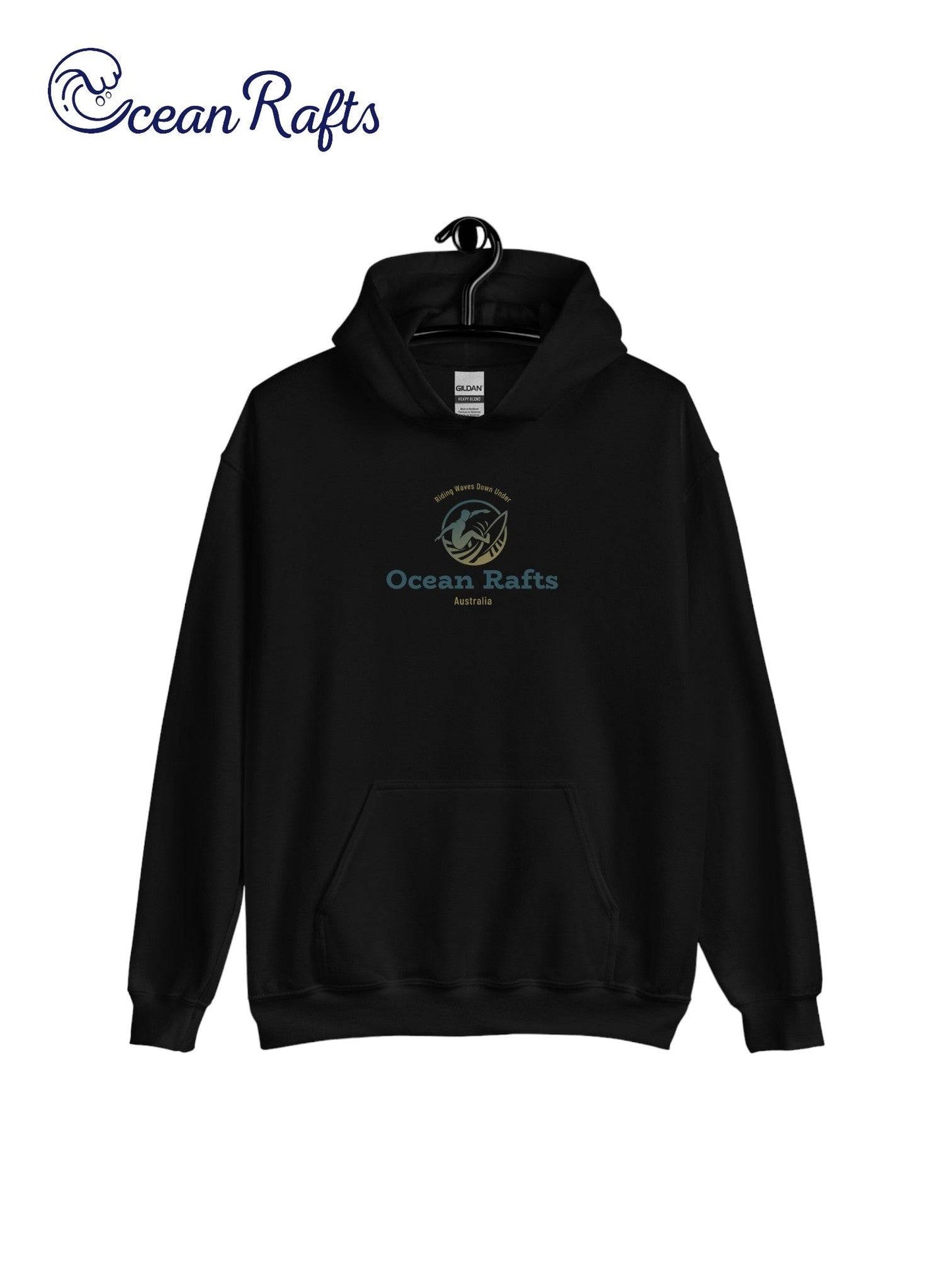 black hoodie with middle surf eblem of man surfing | Ocean Rafts