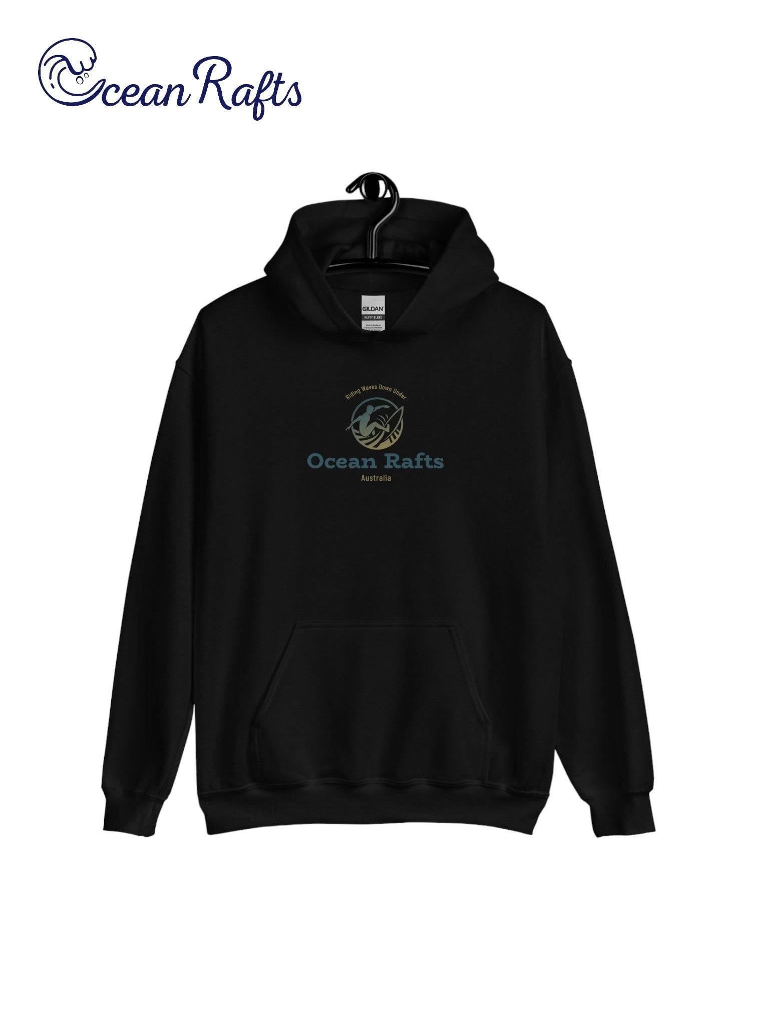 black hoodie with middle surf eblem of man surfing | Ocean Rafts